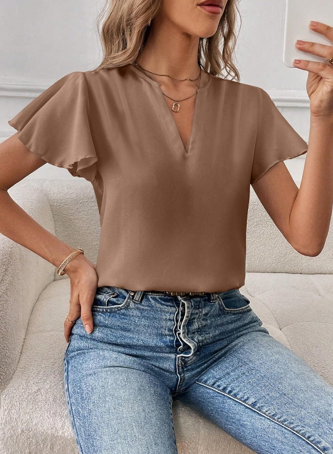 EVALESS Blouses for Women Dressy Casual Summer Ruffle Short Sleeve V Neck Work Tops Busines Office Shirts - Image 2