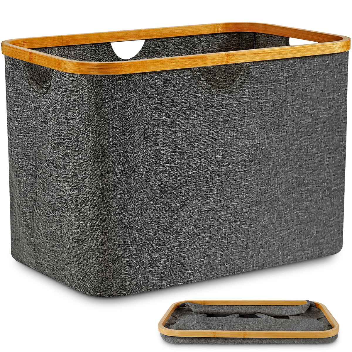 DOKRVLOQ Wäschekorb Faltbar 68L Grau Ideal als Zusammenklappbar Aufbewahrungskorb Natur Bambus Stoff Faltbarer Korb Aufbewahrung Klappbar Wäschewanne Flach Wäschesammler
