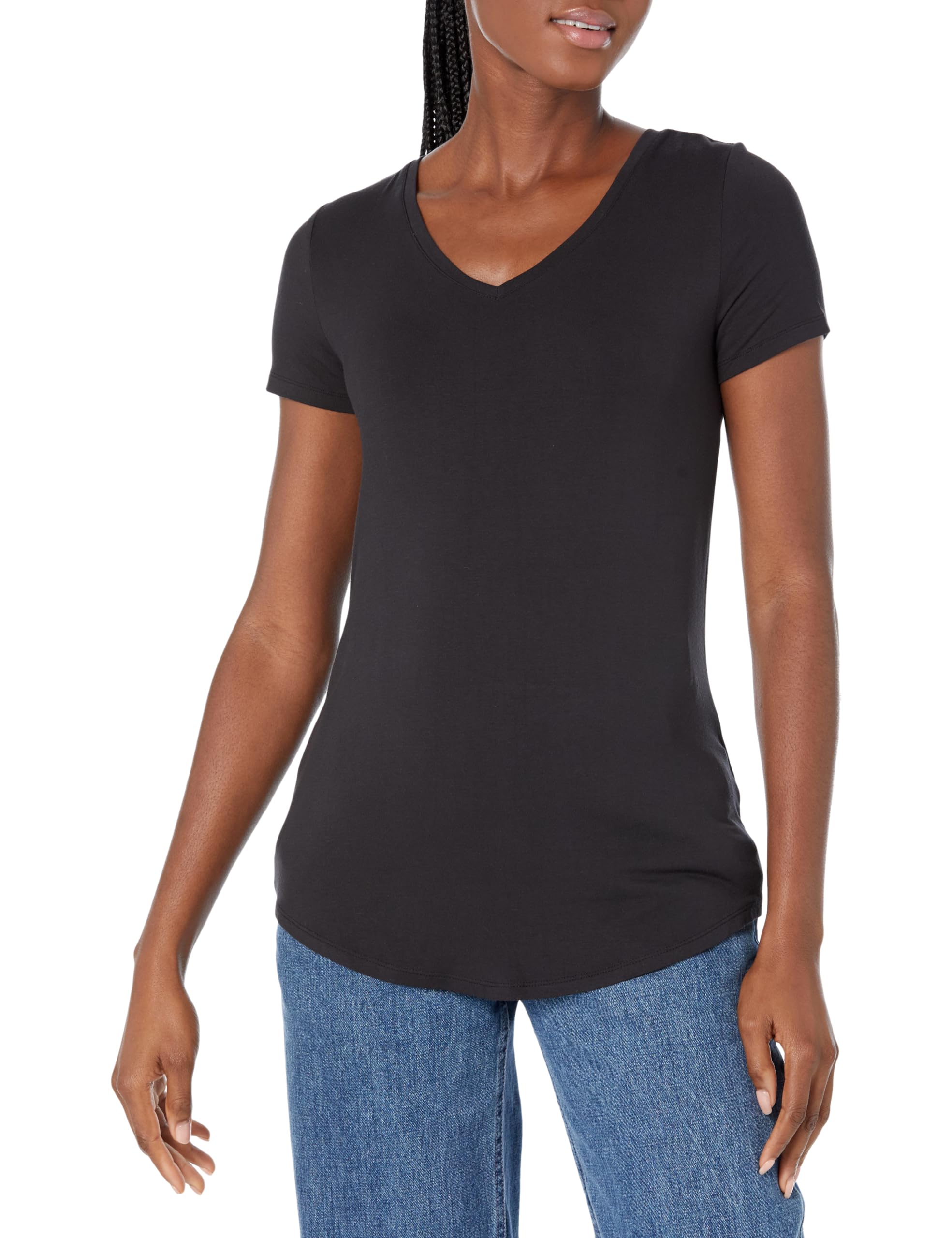 Amazon Essentials Womens Relaxed-Fit Short-Sleeve V-Neck Tunic Activewear Shirt Available in Plus Size
