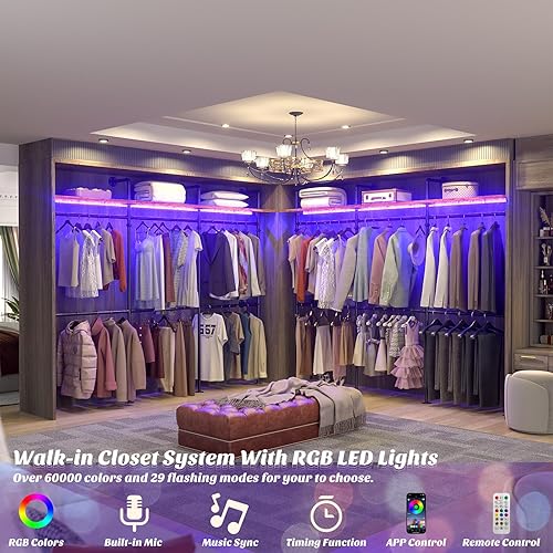 Miniatura 9 de Aheaplus Perchero industrial de tubo, perchero reversible de 118.3 pulgadas para colgar ropa, perchero resistente con luces LED y estantes, sistema