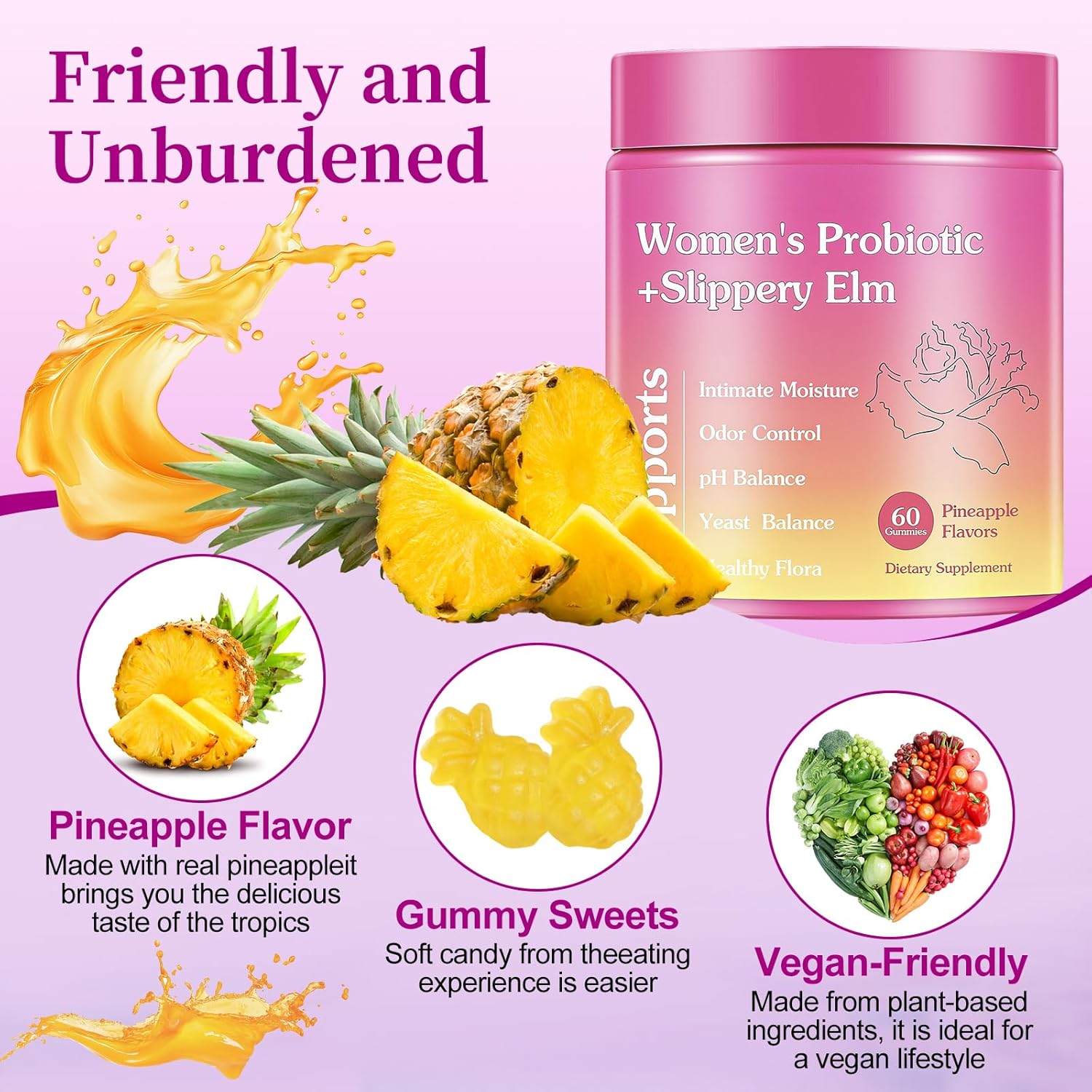Her Juicy Feminine Probiotics Gummies for Women – Contains Slippery Elm, Supports pH Balance, Tropical Pineapple Flavor, Gut Health & Immune System, 60 Gummies - Image 7