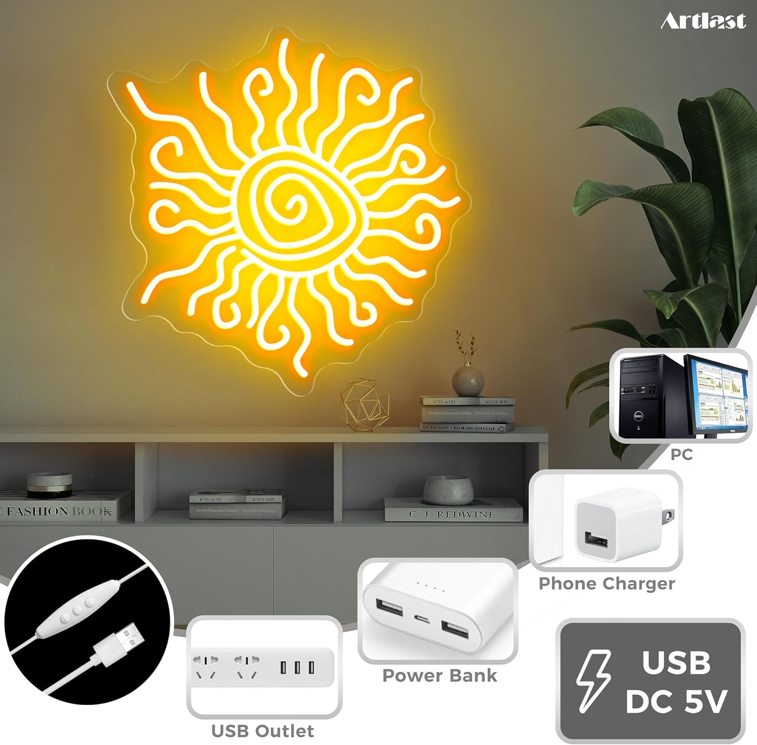 Twisted Sun Neon Sign LED Neon Sun Light Yellow Decor for Bedroom Living Room Dorm Bohemian Spaces USB Powered Dimmable Light Up Sign (13.18x12.99 Inches)