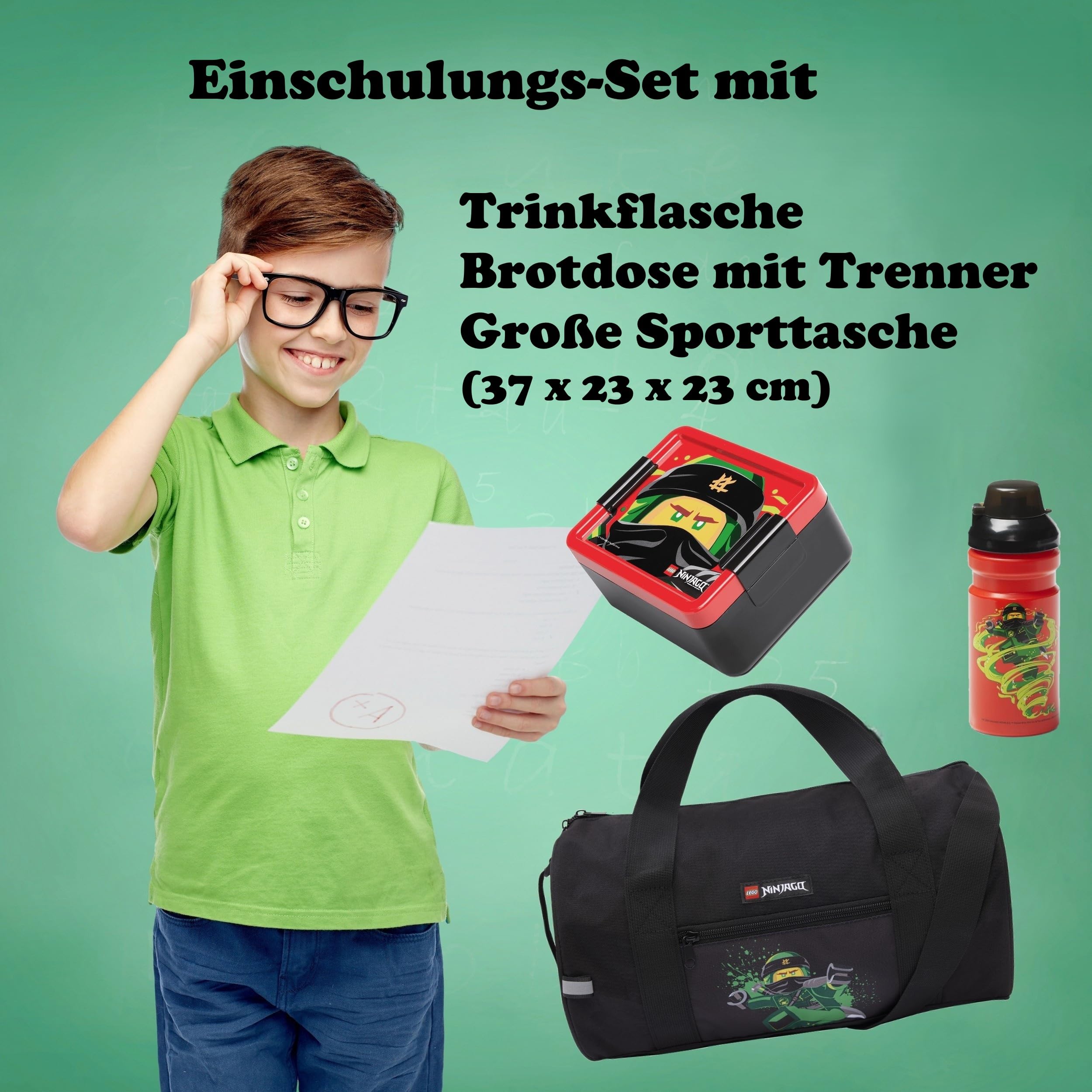 Familando - Schulranzen Set 9-teilig mit Sporttasche - Ninjago Grün - Ergonomisch, stabil & mit gepolstertem Rücken - 790g leicht mit 16L Volumen - wasserabweisend und mit Reflektoren - Ab 1. Klasse