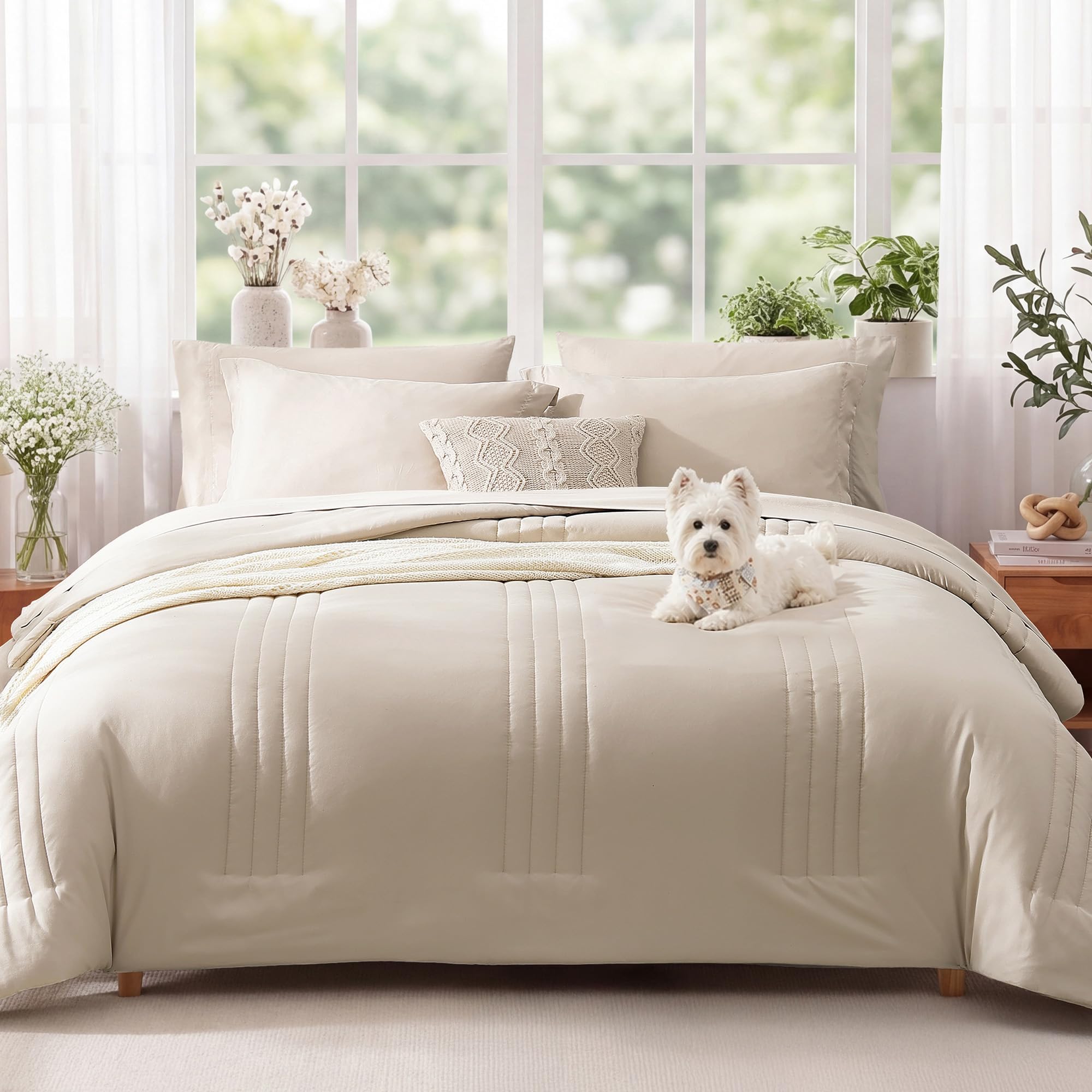 Monbix Queen Comforter Set - 7 Pieces Beige Bed in a Bag Queen Bedding Sets with Comforters, All Seasons Comforter Bed Set with Sheets, Pillowcases & Shams