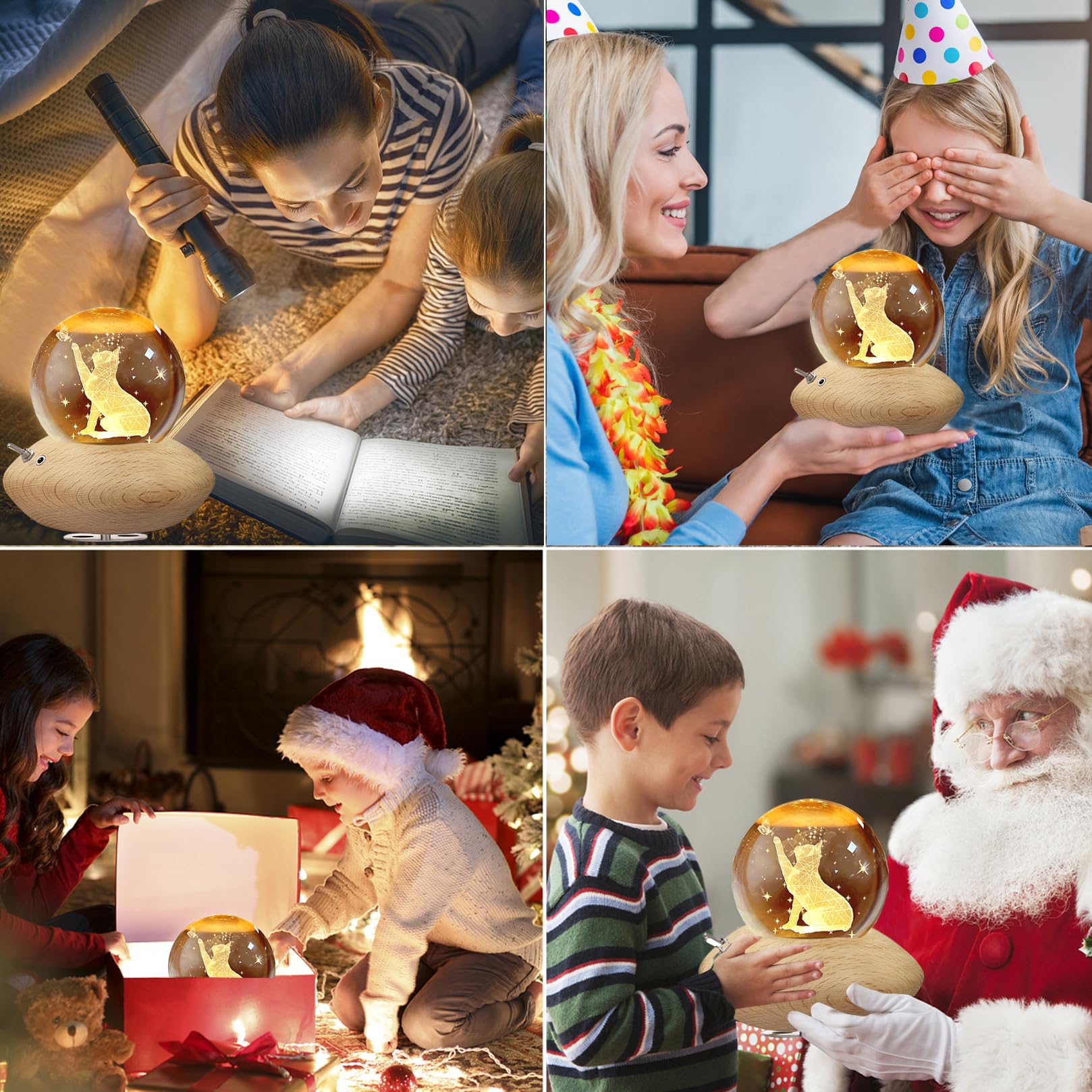 3D Kristallkugel Spieluhr,Katzen Nachtlicht Spieluhr mit Warmem-Projektionsleuchte Holzsockel Rotierende K9 Spieluhren für Weihnachten Geburtstags