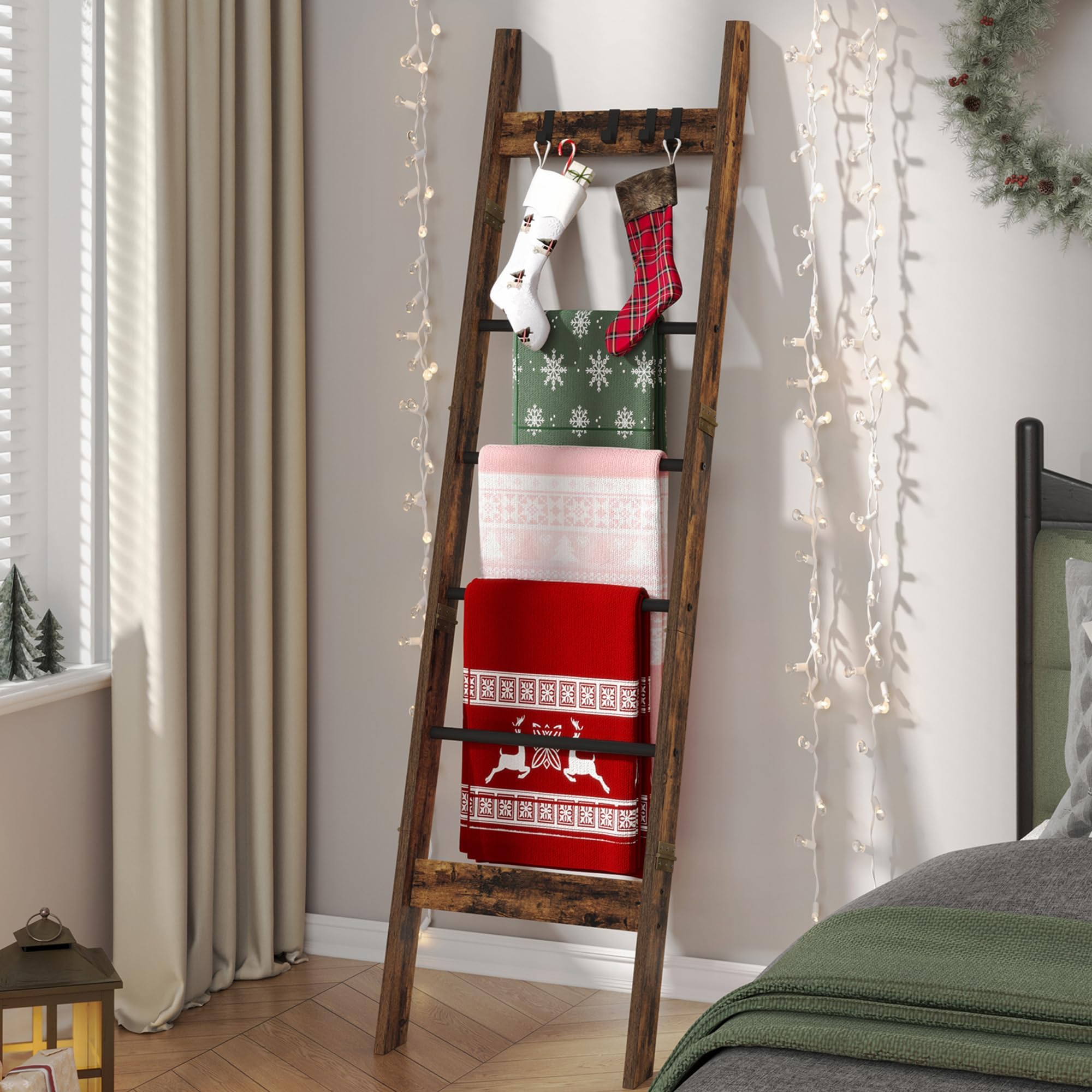 Hzuaneri Blanket Ladder Shelf for Living Room, Decorative Wood Quilt Rack with 4 Removable Hooks, 6-Tier Farmhouse Ladder Holder Organizer for Bedroom, Rustic Brown and Black BR31501B
