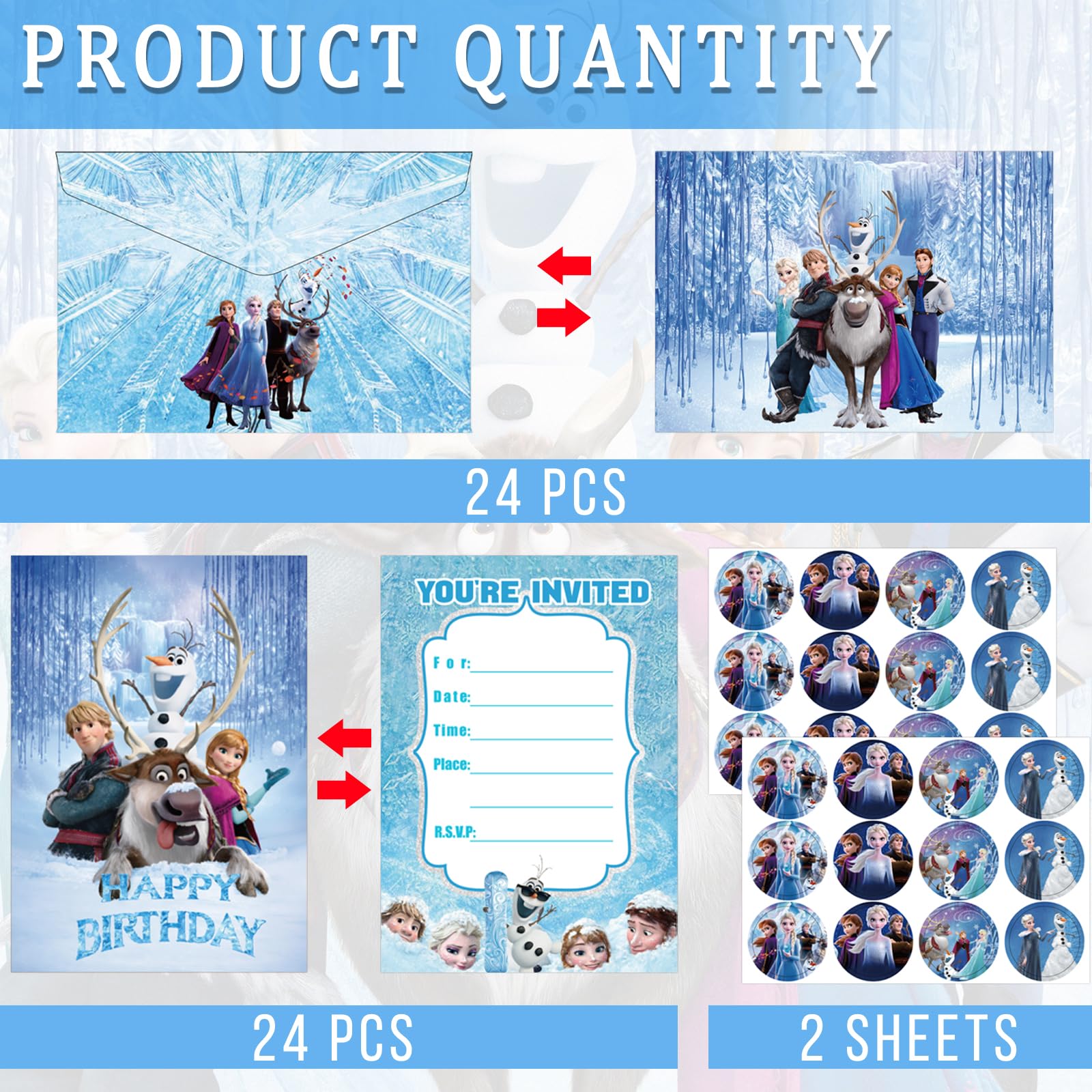 24 PCS Frozen Birthday Party Invitation Cards with Envelopes and Stickers, Frozen Party Supplies Frozen Party Invitations for Kids Birthday Party Decorations