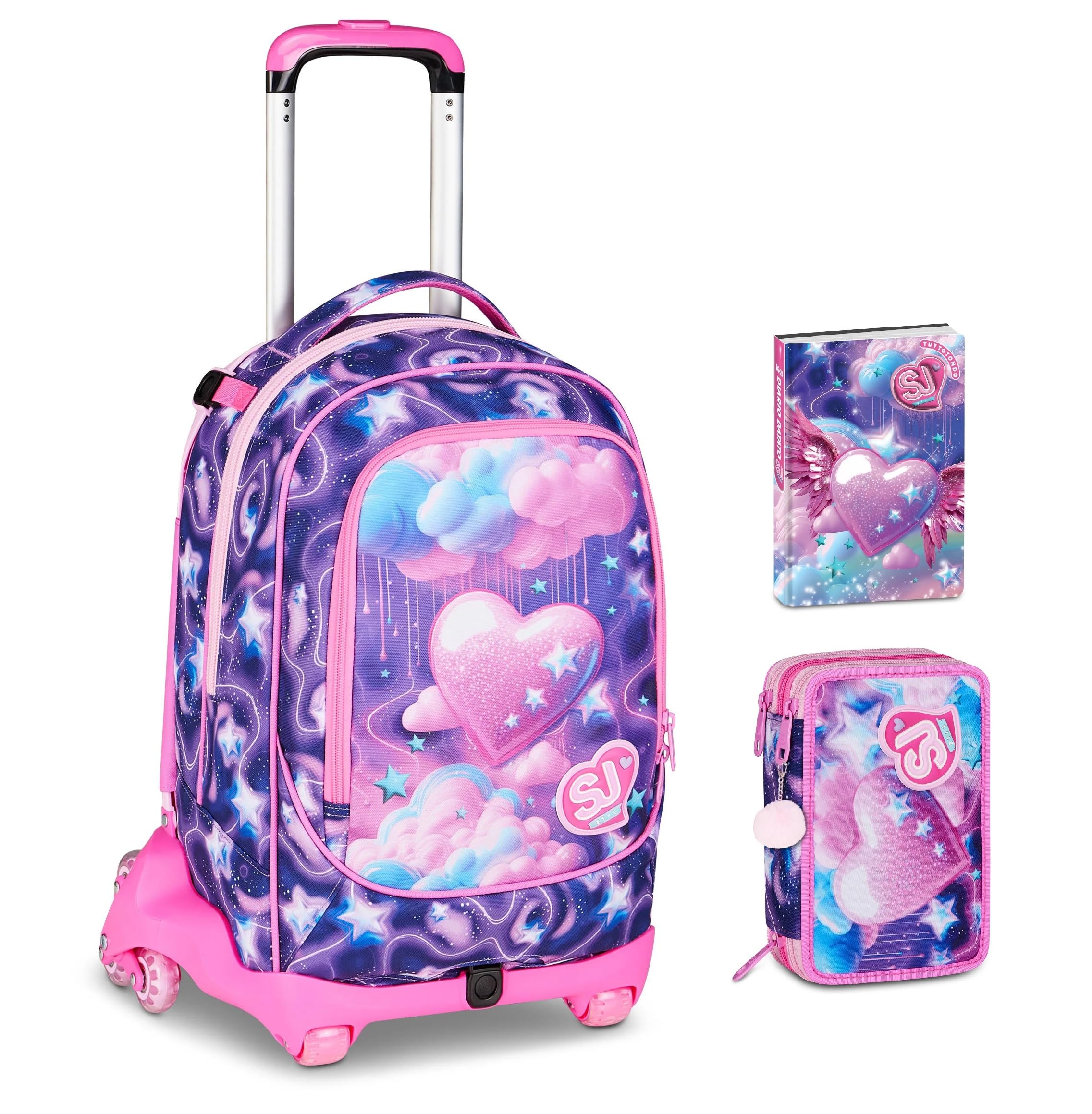 Trolley Scuola Seven Sj Fluffy Pink Girl Cuore 8 Ruote zaino staccabile 3 in 1 per Scuola primaria Bambina + Astuccio 3 zip cancelleria + Diario 2026/2027 + 7 penne a scatto e portachiave pailettes