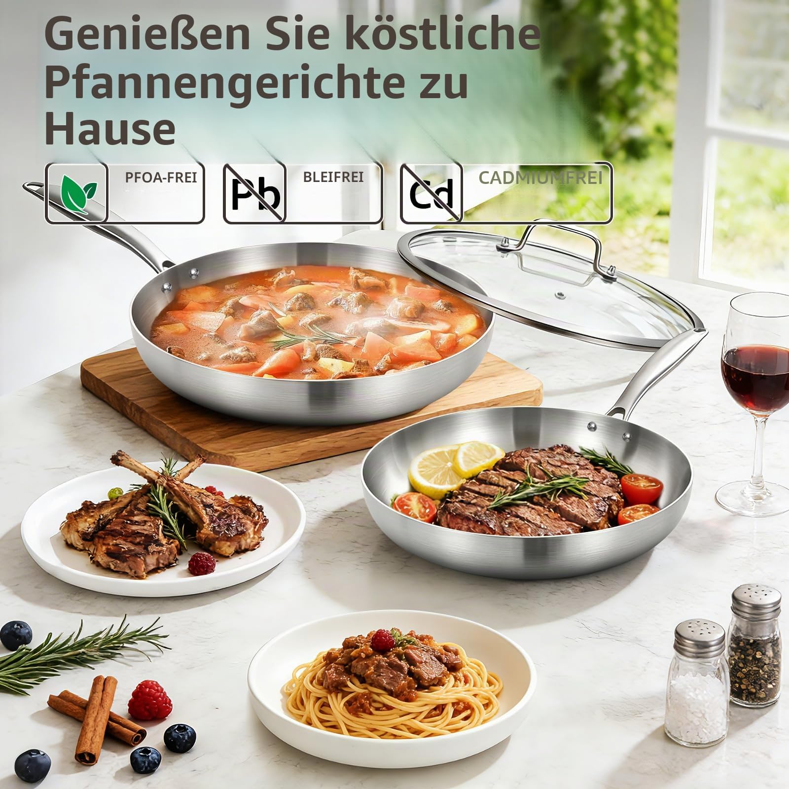 Inqibee Edelstahlpfanne Bratpfannenset Unbeschichtet 22cm+26cm mit Deckel | Pfannenset Edelstahl, Edelstahl-Bratpfannen-Set, Für Induktion & alle Herdarten - Ofenfest, Spülmaschinenfest