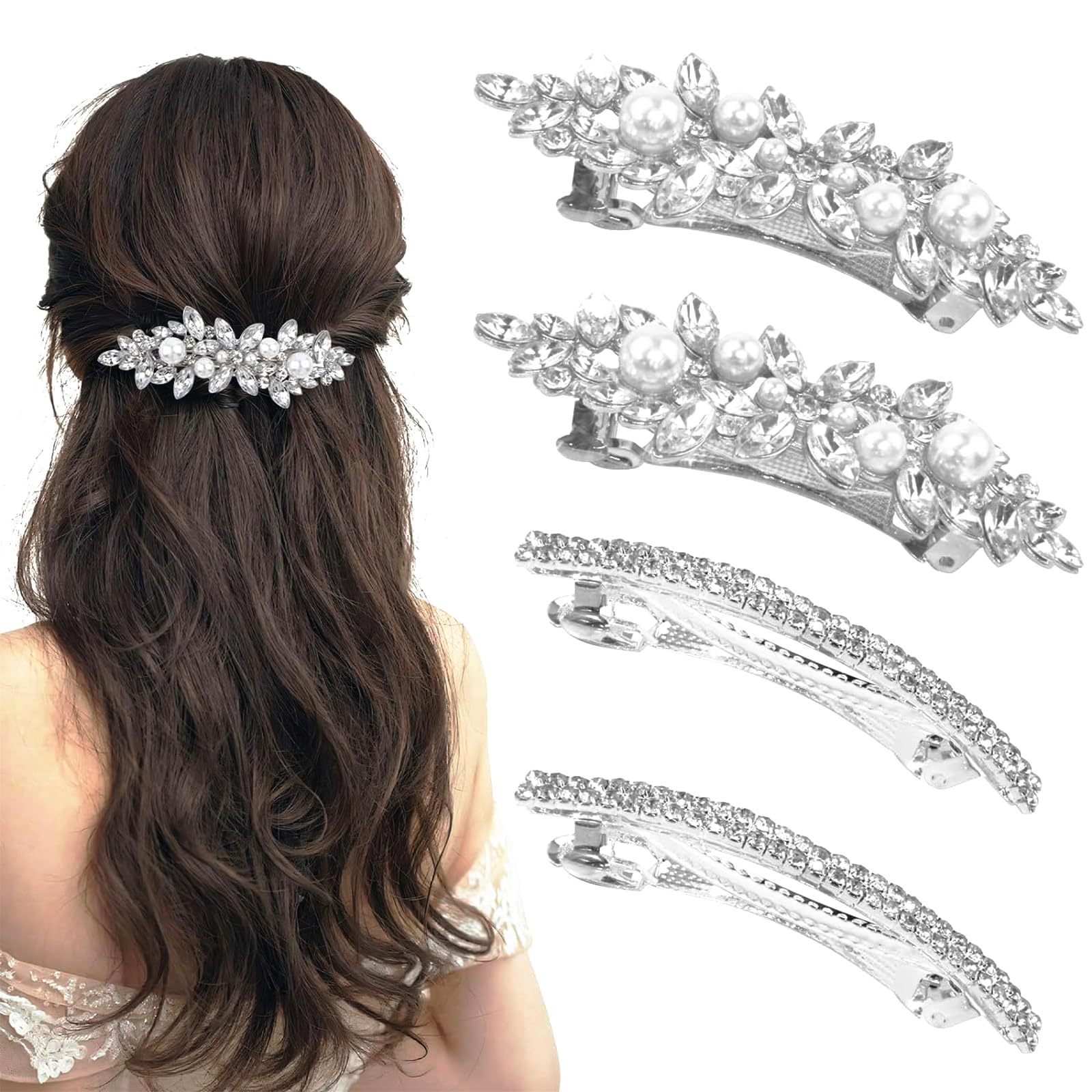 4 pinzas para el pelo con diamantes de imitación de perlas para mujeres y niñas, pinzas de pelo brillantes con diamantes de imitación, accesorios decorativos para el cabello para novia