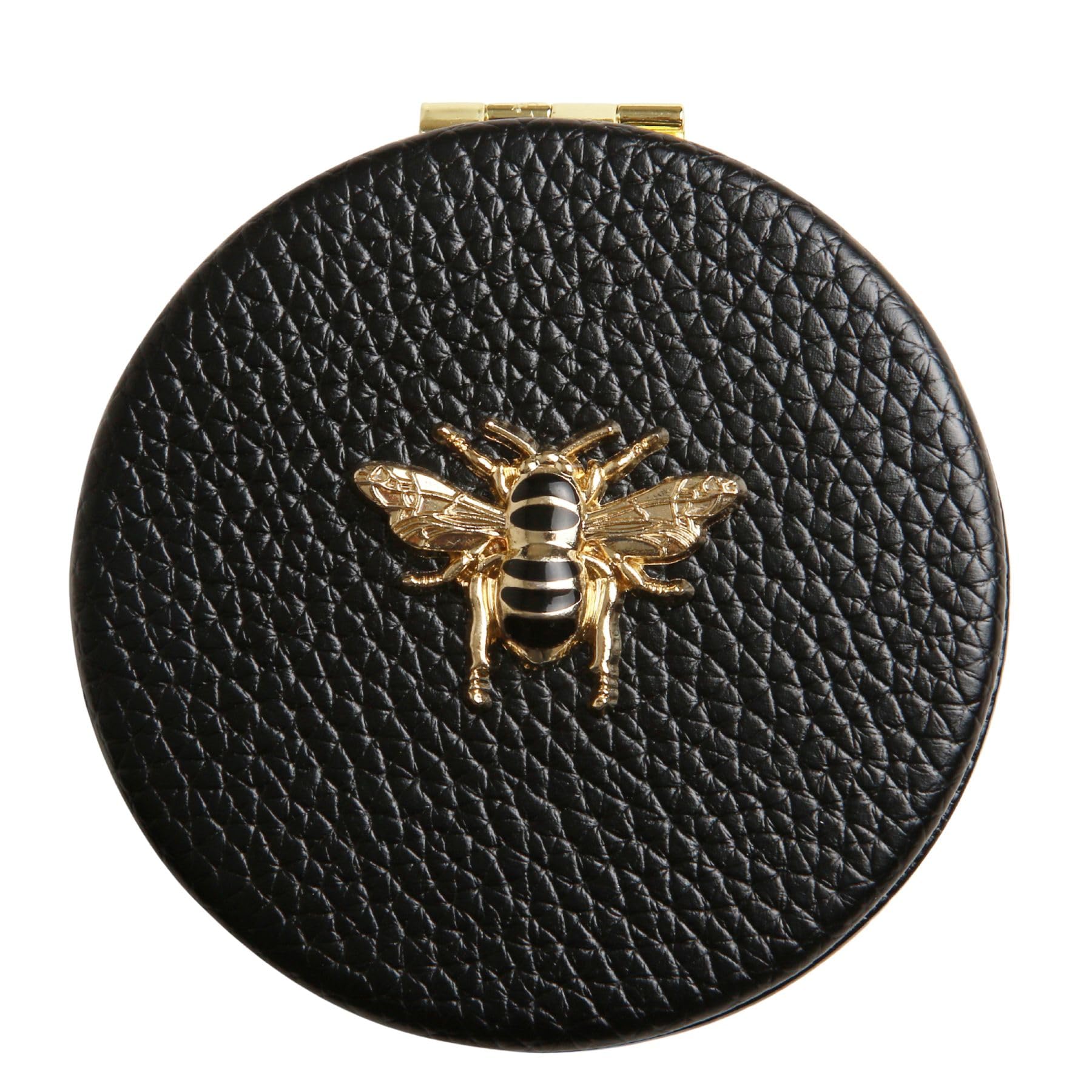Alice Wheeler London Bee Compact Mirror for Women, Vegan Leather Purse Mirror, Double Sided Makeup Mirror with 3x Magnification, Travel Cosmetic Mirror, Gift Box, 7cm (Black)