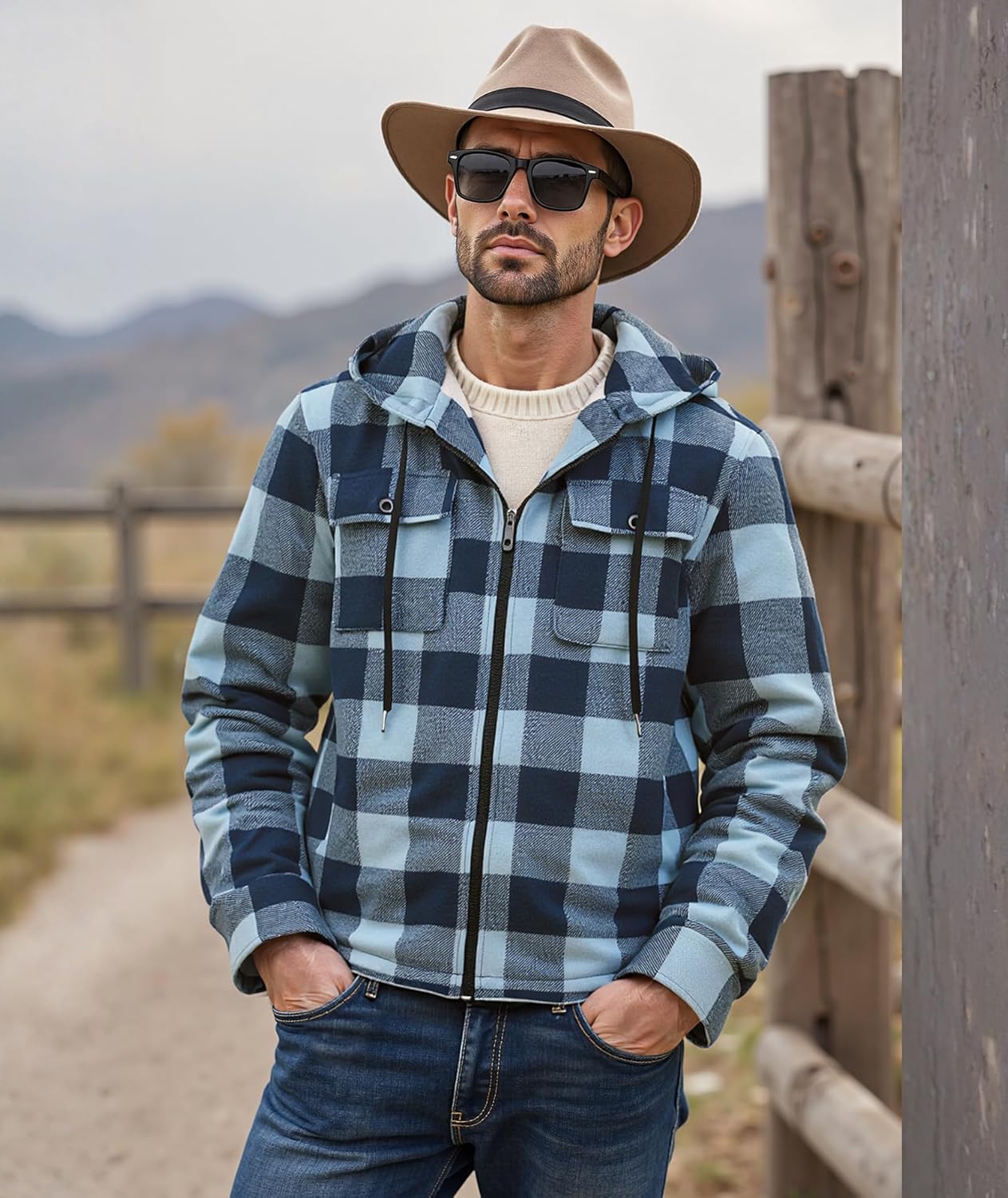 Mens Plaid Full Zip Hoodie Warm Flannel Shirt Jacket Fleece Lined Outerwear Coat with Hood - Image 2