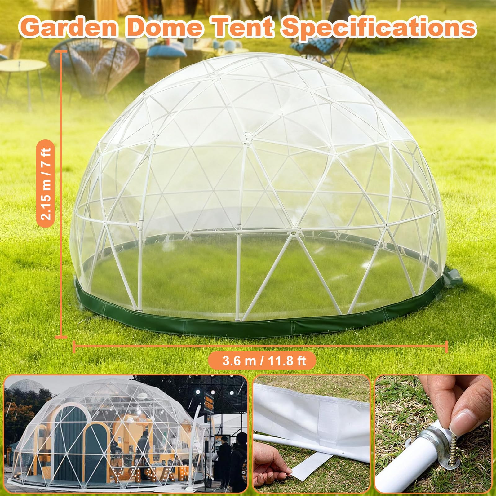 Garten-Iglu-Bubble-Zelt Mit Reißverschlusstüren Und 10 M Lichterkette, 3,6 M, Transparente TPU-Außenkuppel Für 5–7 Personen, Schafft Einen Privaten Rückzugsort Zum Campen Und Essen