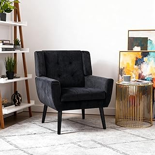 Velvet Accent Chair, Mid-Century Modern Tufted Armchair for Living Room, Bedroom & Office (Black)