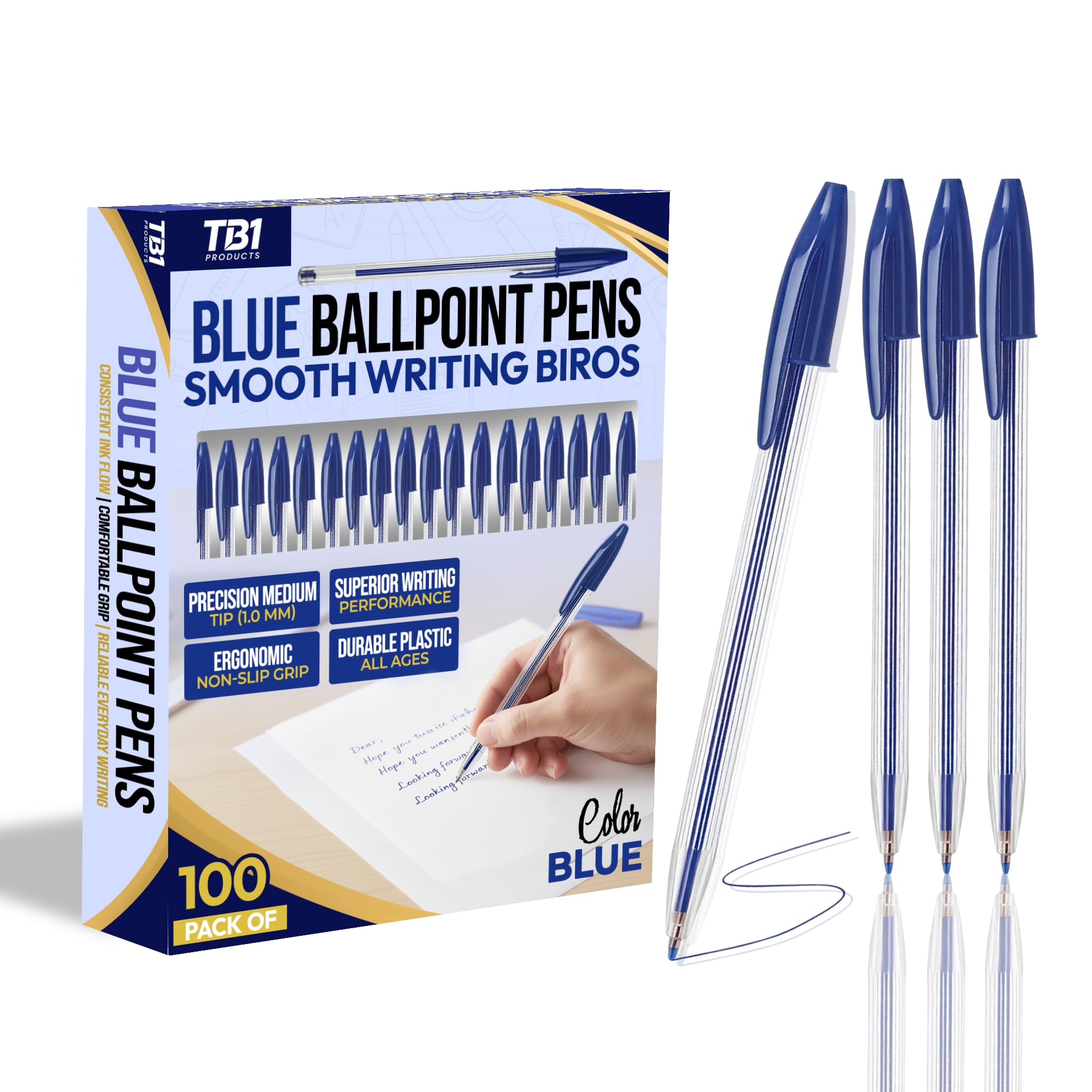 TB1 Products 100 Blue Ballpoint Pens – 2 Pack x 50 Smooth Ink Biro Pens for School, Office and Home Use – Medium Tip Writing Pens Bulk Stationery Set — image 1