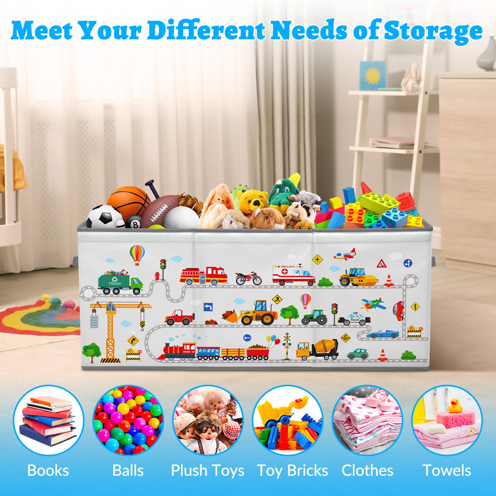 Extra Groß Aufbewahrungsbox mit Deckel Kinder, Zusammenklappbare Oxford-Spielzeugkiste mit Griff für Mädchen Jungen, Wasserdichte Spielzeug Aufbewahrung im Kinderzimmer, 96×32×40 cm (Straßenfahrzeuge)