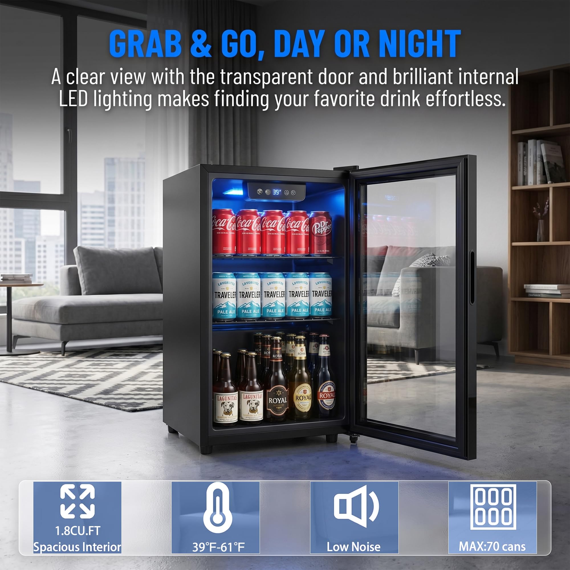 Clickoods 1.8 Cu Ft Beverage Refrigerator, 70 Can Mini Fridge With Glass Door, Digital Temperature Control, Adjustable Shelves, Quiet Cooler For Beer Soda Wine, Office Dorm on Fridge.com - View 6
