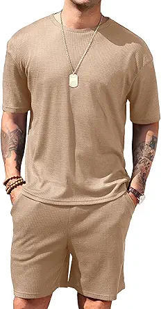 Vssjavun Mens Short Sets 2 Pieces Outfits Waffle Knit Lounge Set Short Sleeve Summer Casual Tracksuit