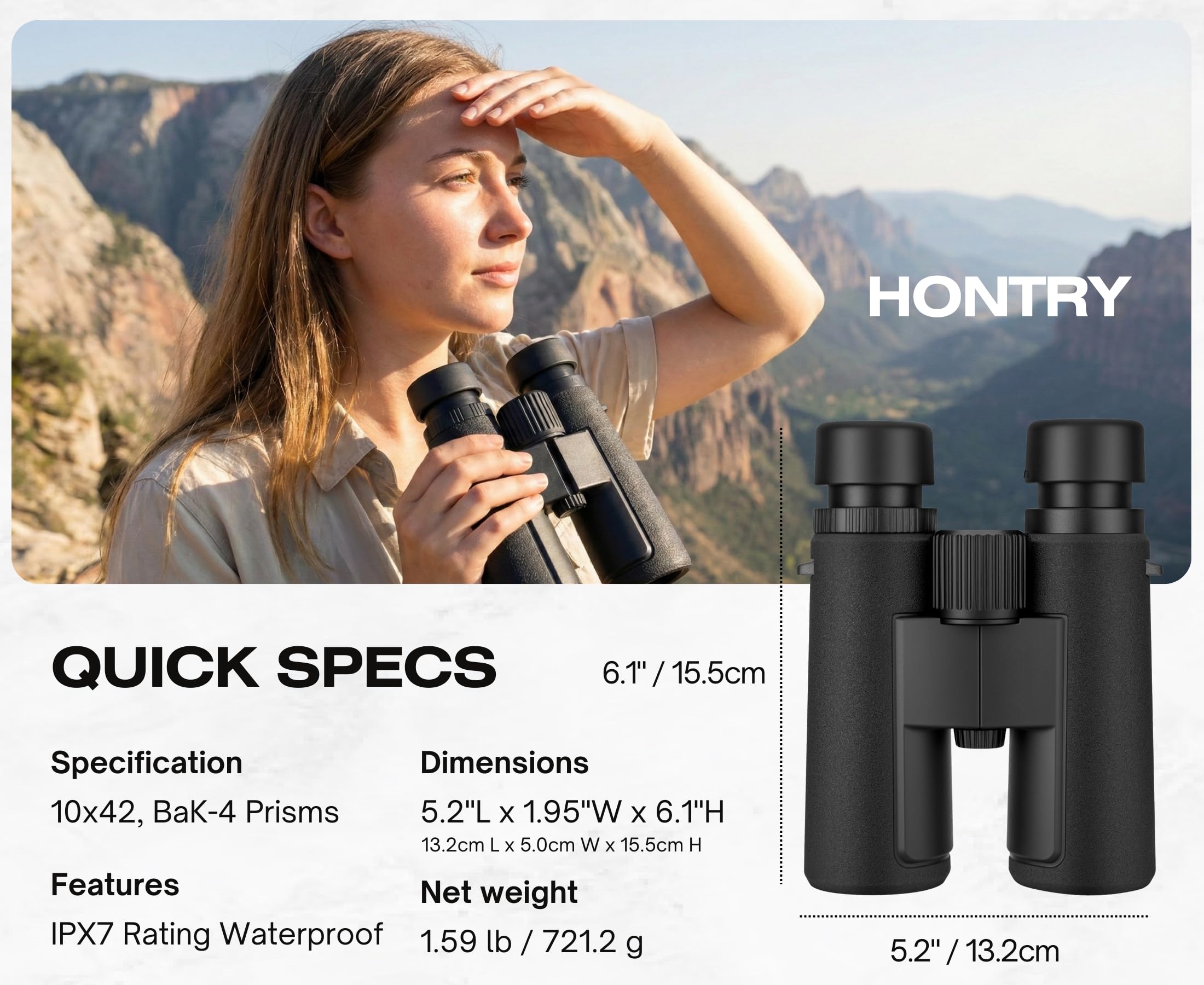 Hontry 10x42 Binoculars with IPX7 Waterproof Protection for Bird Watching, Hunting, Cruise Ship, Travel and Safari