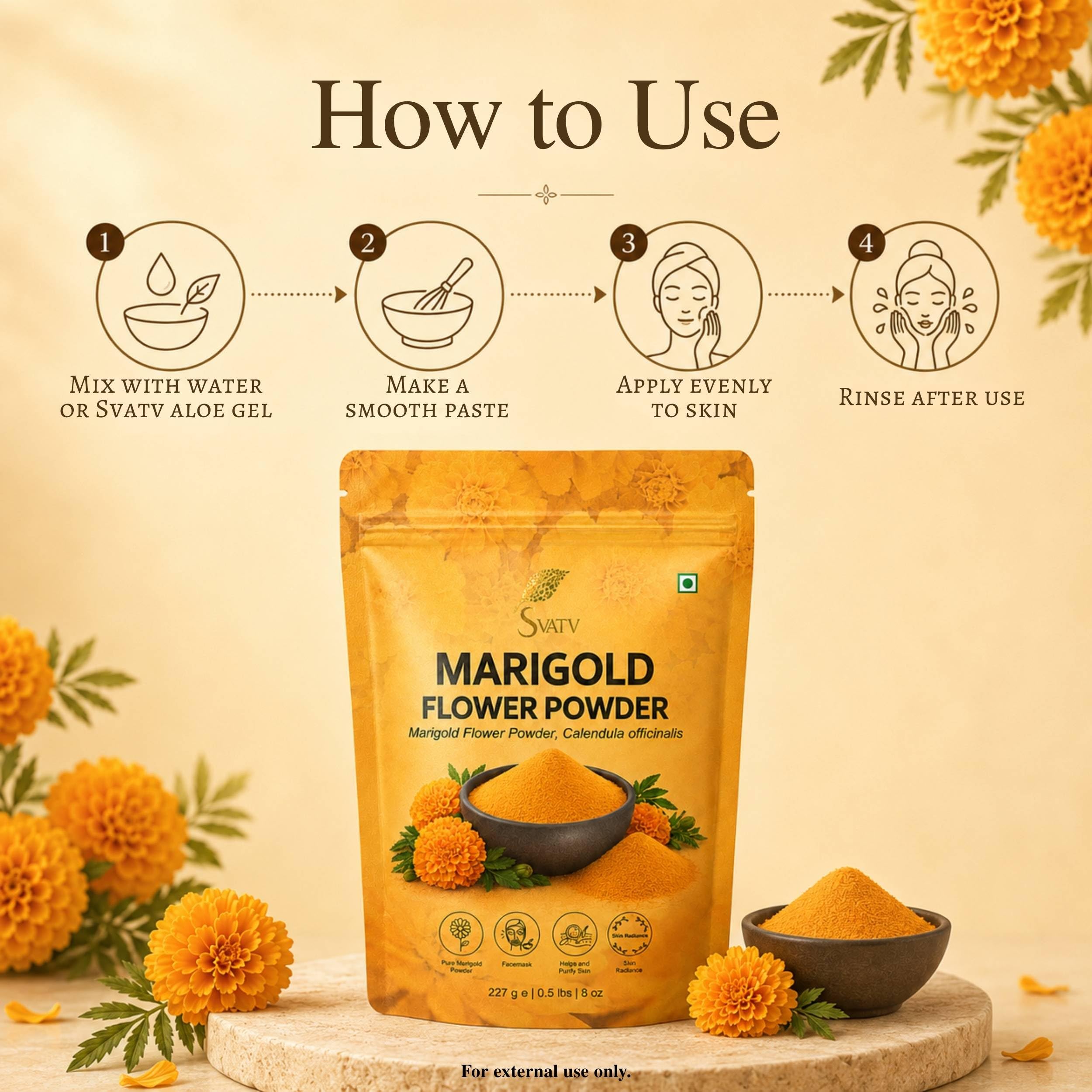 Marigold Powder | Polvo De Caléndula | Exfoliación De La Piel | Alivia Las Impurezas De La Piel | Aprieta La Piel | Sin Parabenos Ni Sulfatos - 227g