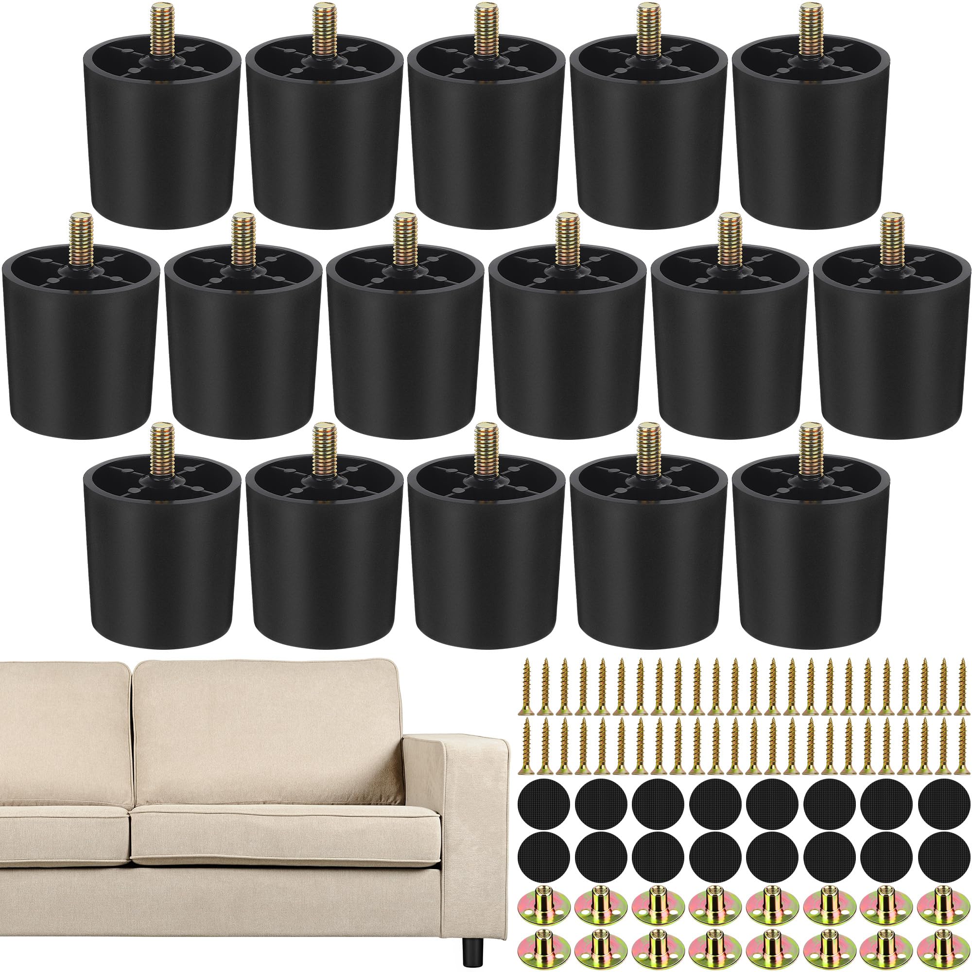 TURSTIN 16 Pack 2 Inch Plastic Furniture Legs with M8 T-Nuts Screws — image 1