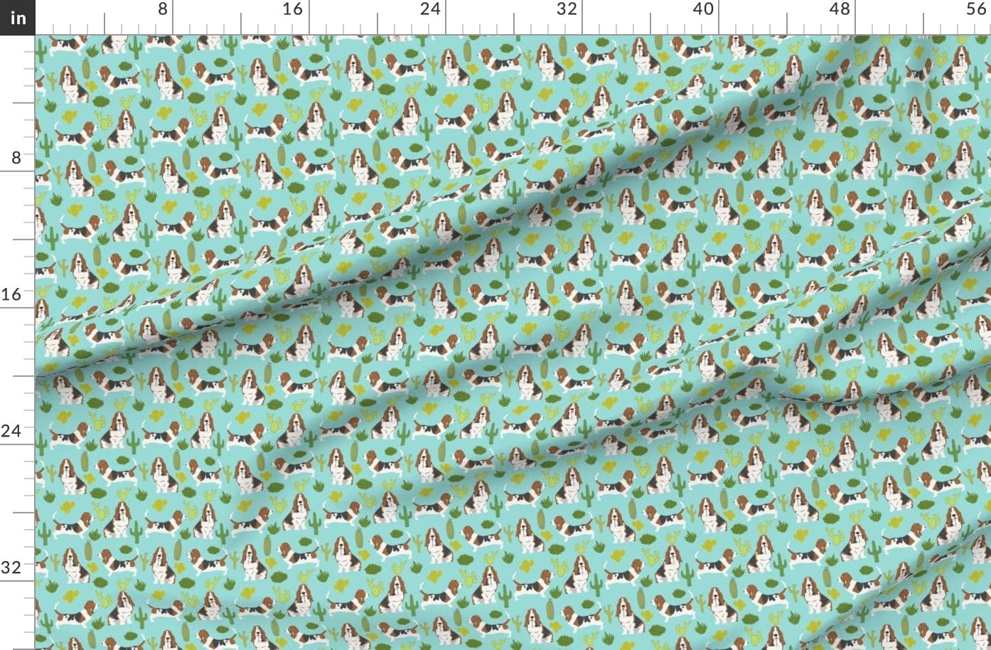 Spoonflower Fabric - Basset Hound Mint Cactus Sweet Pet Dogs Summer Tropical Trendy Plants Printed on Organic Cotton Sateen Fabric by The Yard - Sewing Quilting Apparel Home Decor