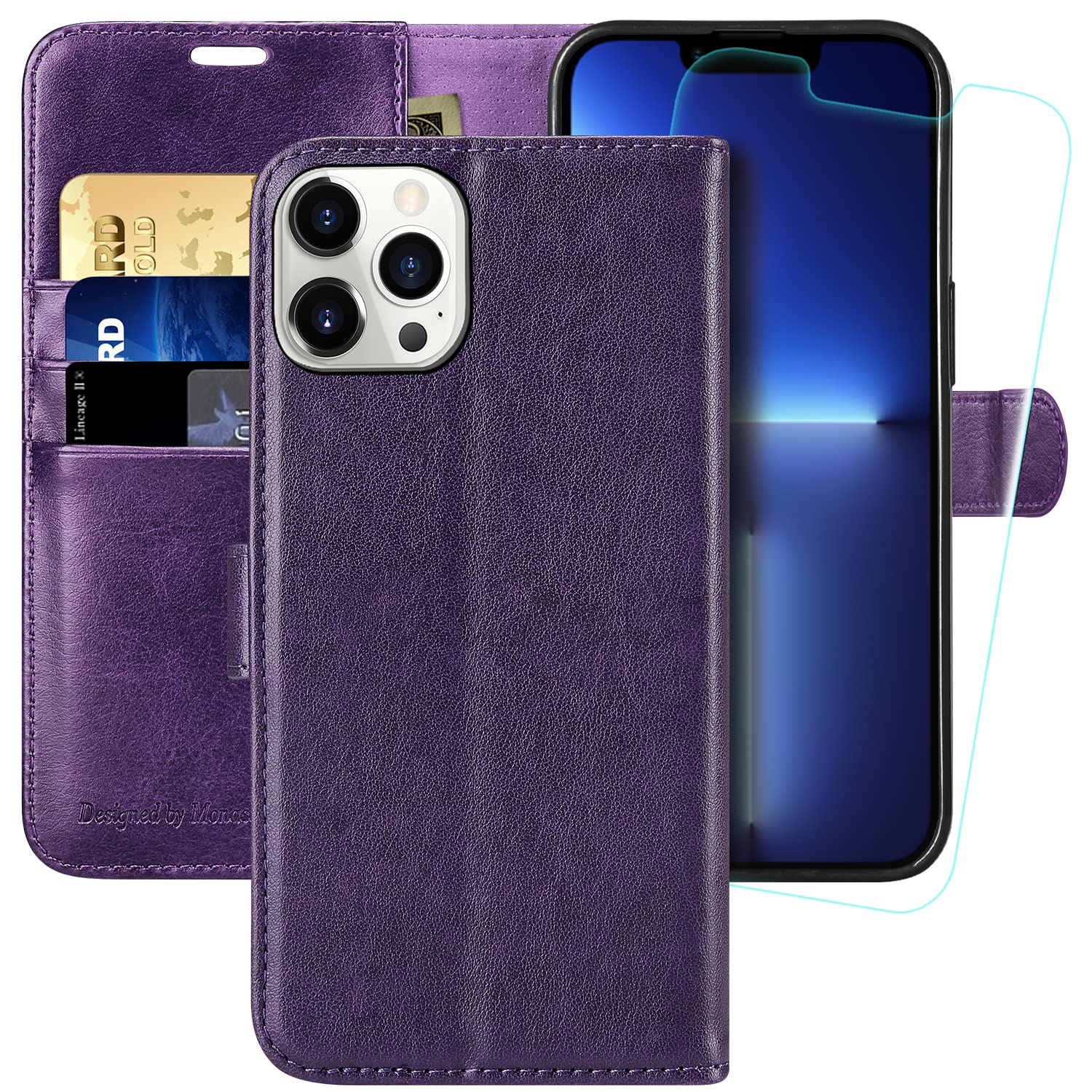 MONASAY Wallet Case Compatible for iPhone 13 Pro Max 5G, 6.7-inch, [Glass Screen Protector Included] [RFID Blocking] Flip Folio Leather Cell Phone Cover with Credit Card Holder, Purple
