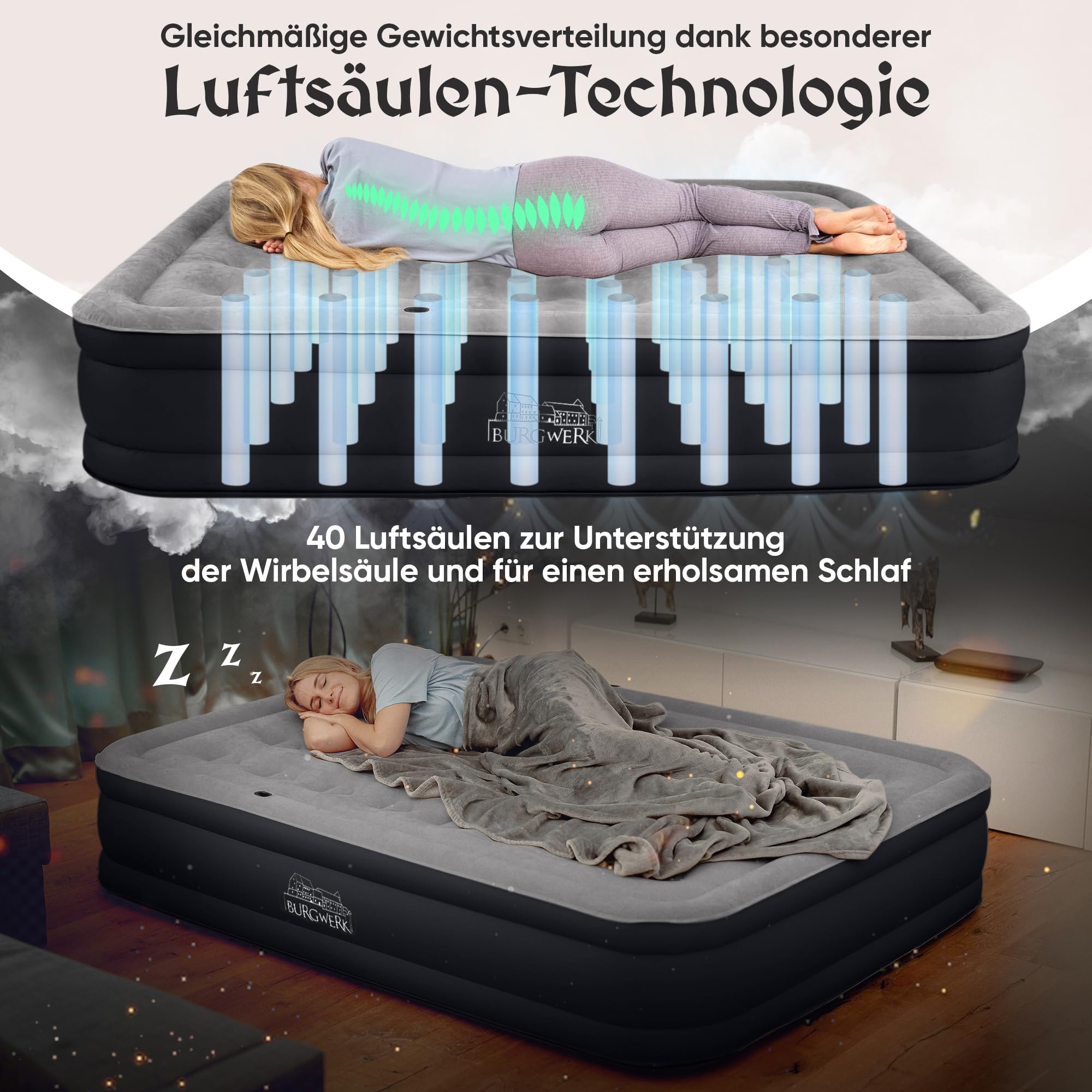Burgwerk Premium Luftbett selbstaufblasend 2 Personen 203x152cm XL aufblasbare Matratze mit Pumpe