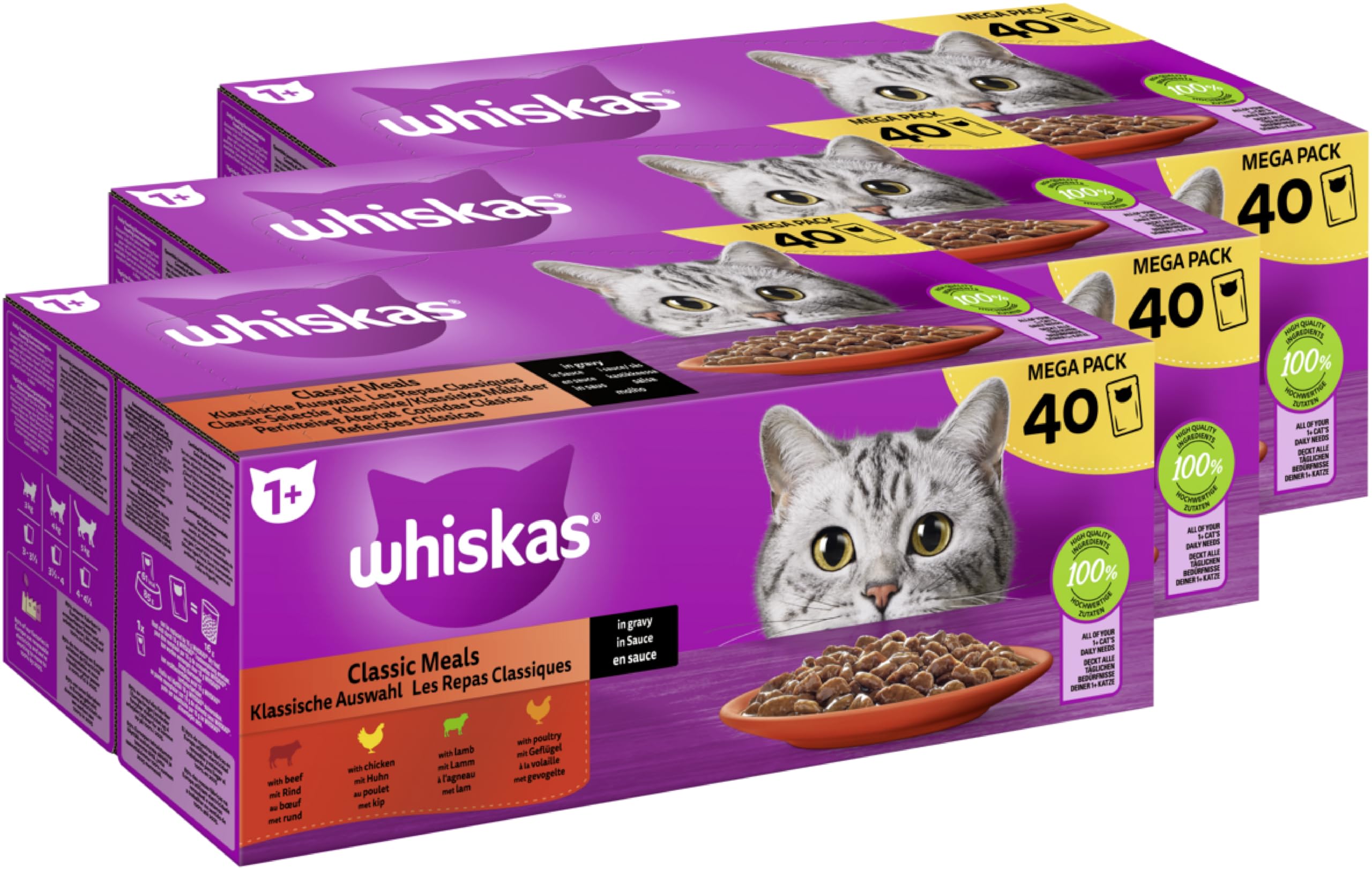 WHISKAS® Portionsbeutel Multipack 1+ Klassische Auswahl in Sauce 3 x 40 x 85g