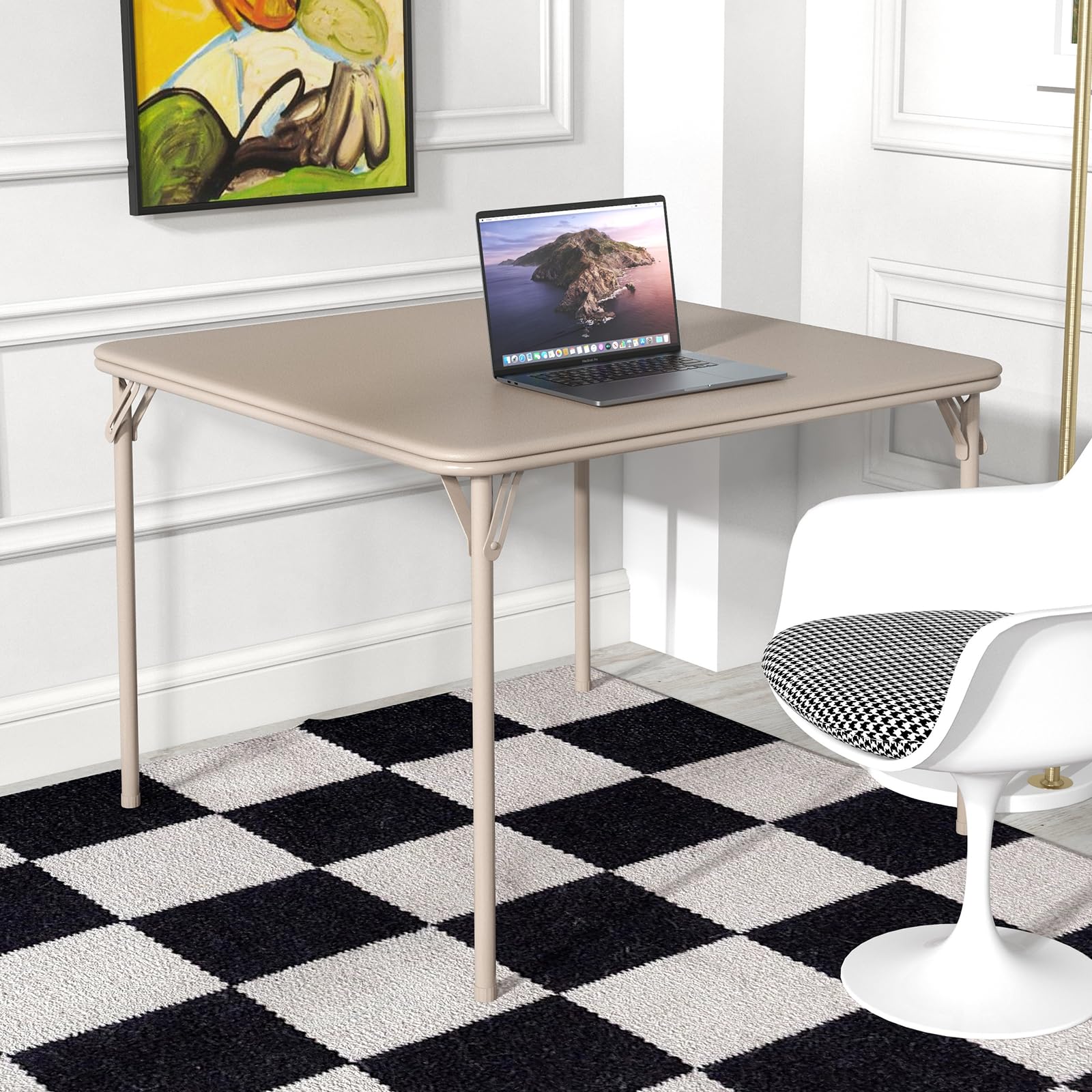 Mesa Plegable Portátil, Fácil de Plegar y Ahorra Espacio, Uso Versátil para Salón, Dormitorio y Cocina, Beige, 96×96×70 cm