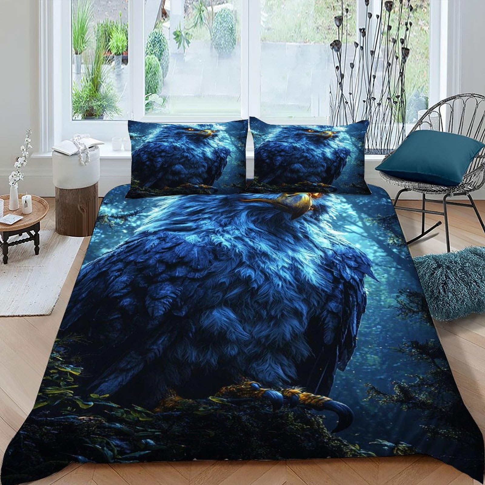 Housse de couette lit king aigle forêt pour une décoration de chambre style chalet