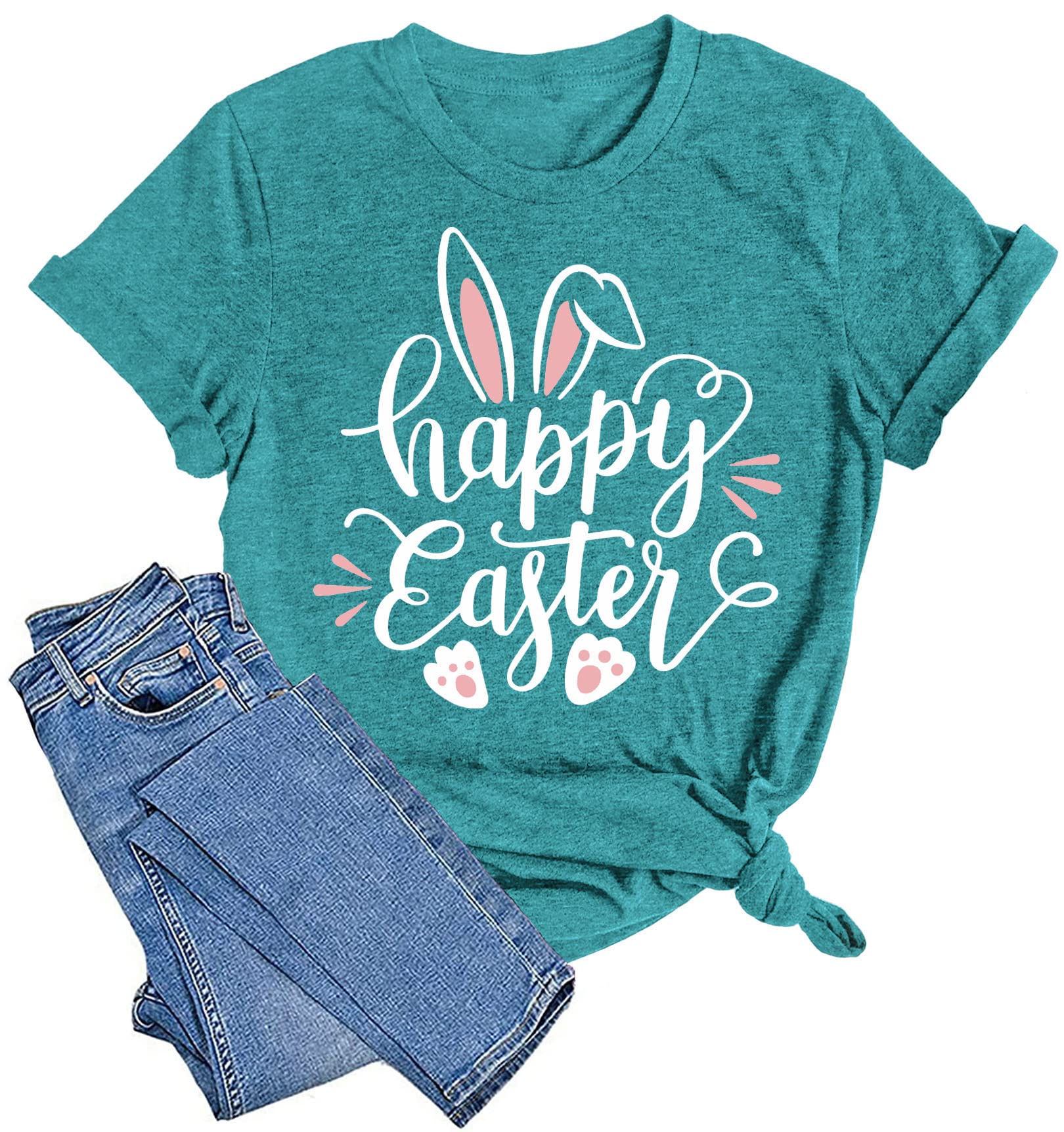 Women Happy Easter T Shirt Bunny Rabbit Graphic T-Shirt Funny Letter Printed Shirts Short Sleeve Tops