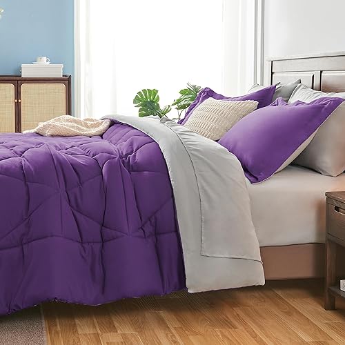 Miniatura 6 de BEDELITE Juego de edredón tamaño matrimonial de 7 piezas en una bolsa, juego de cama reversible de microfibra suave color morado con edredones,