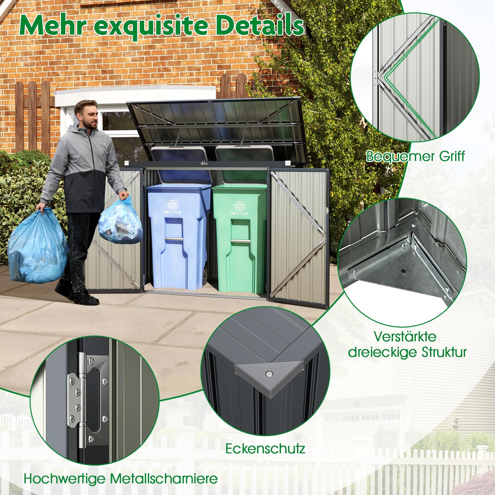 COSTWAY Mülltonnenbox für 2 Mülltonnen, Müllbox aus verzinktem Metall, Müllhaus mit 2 Türen & Klappdeckel, Mülltonnenschuppen abschließbar wetterfest, anthrazit, Gartenbox Garten, 172 x 95,5 x 130 cm