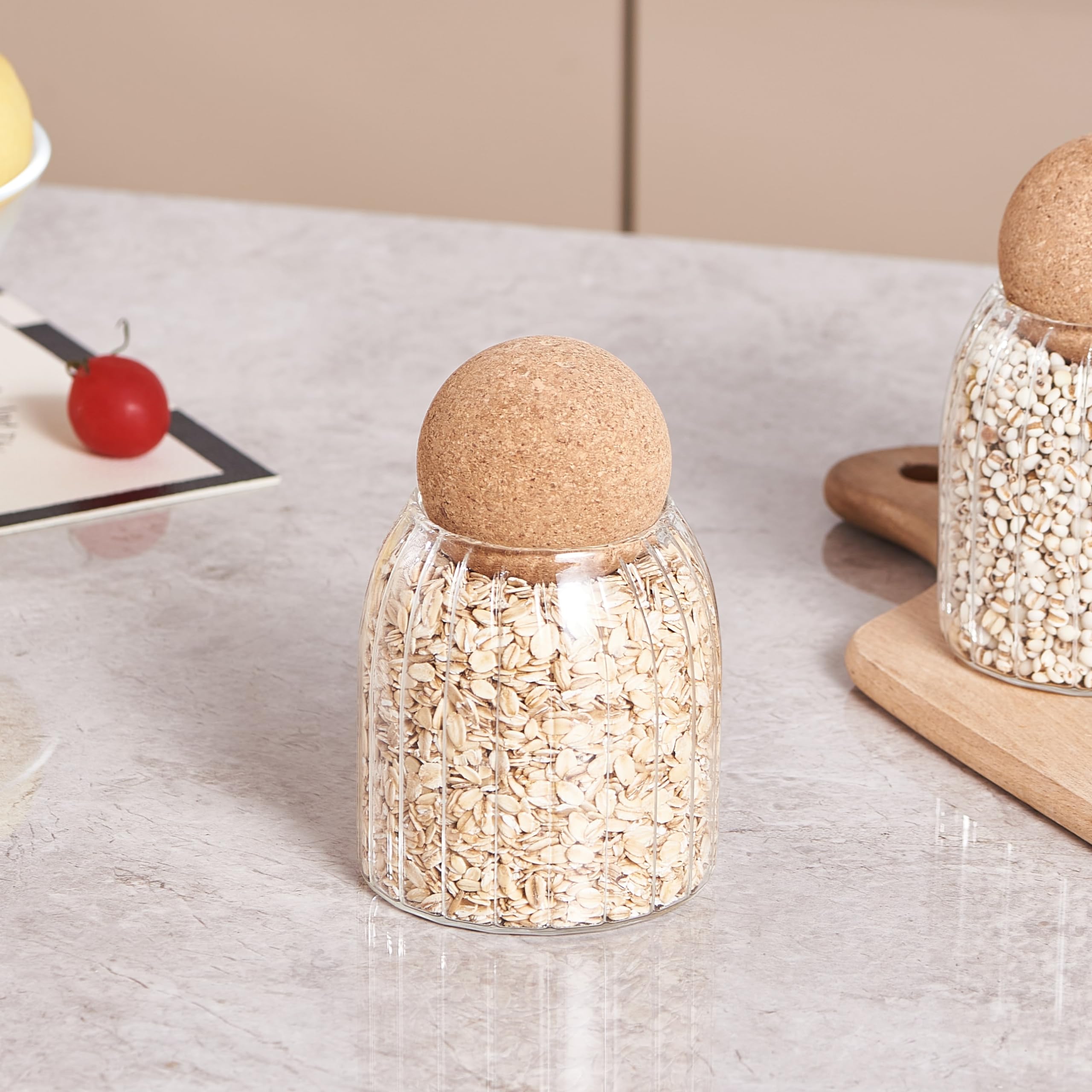 Eden & Willow Striped Glass Kitchen Storage Jar with Cork Ball | Ribbed Food Canister Jar with Spherical Cork Lid | BPA-Free Pantry Organiser (1, 0.5L)