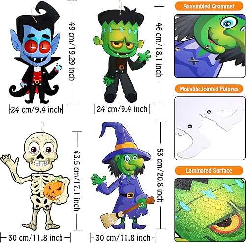 Miniatura 3 de Sumind 4 juegos de decoración divertida de Halloween para fiesta de Halloween, figuras articuladas, colgador de puerta de Halloween, carteles