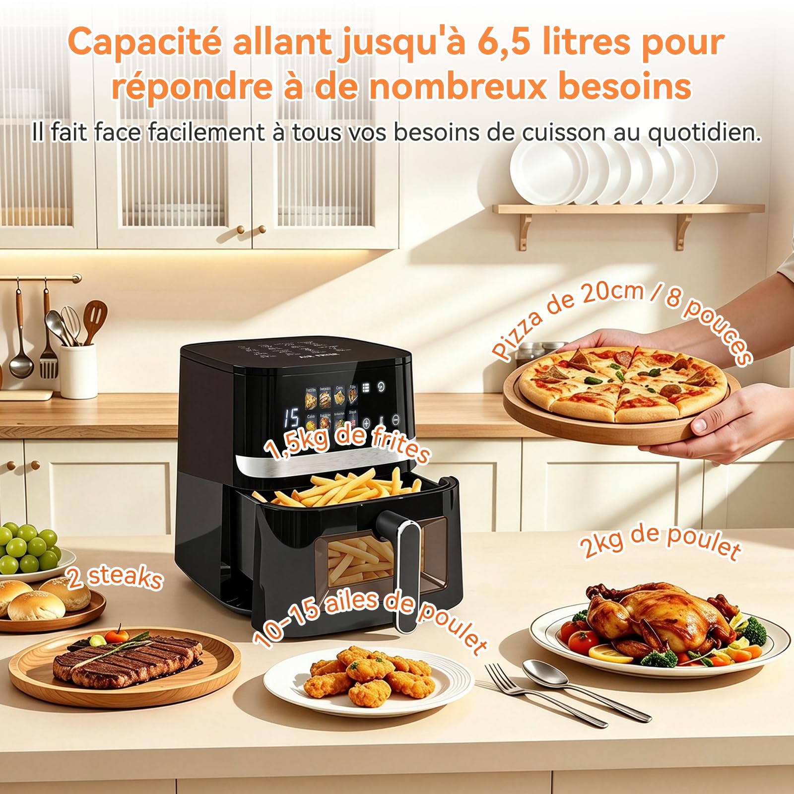 YU YUSING Friteuse sans Huile Air Fryer 8Programmes 6,5L 1350W avec Fenêtre