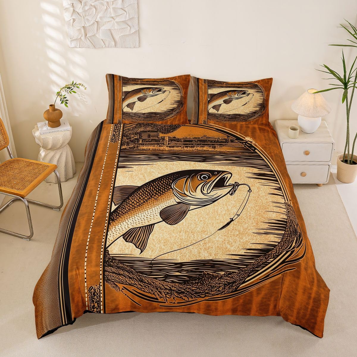 Loussiesd Set di biancheria da letto con copripiumino super king size, motivo pesce basso, caccia e pesca, per ragazzi e ragazze, set di biancheria da letto da 3 pezzi, decorazione per la stanza