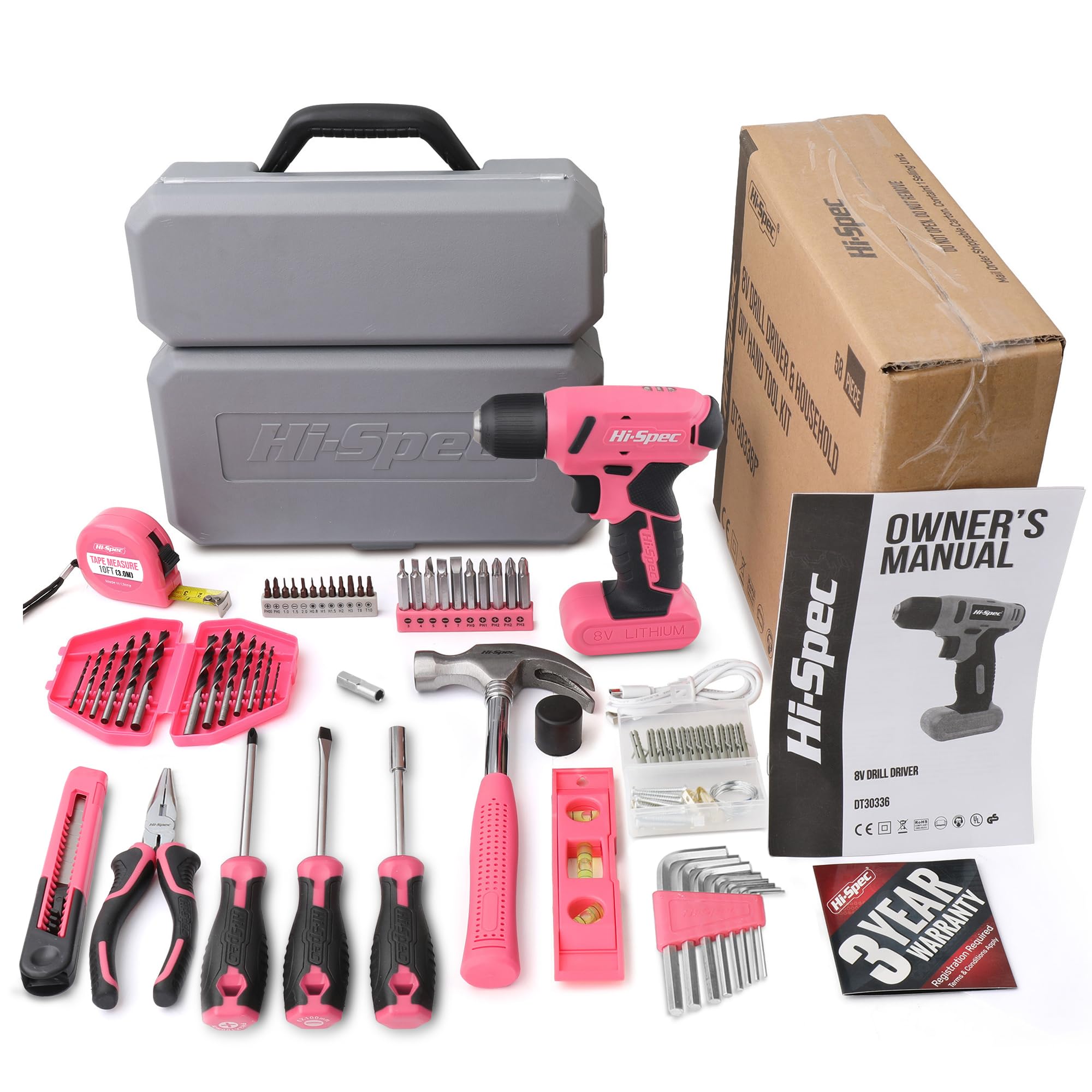 Hi-Spec Perceuse Visseuse devisseuse sans Fil 8V Rose 58pc Boite a Outils Complete avec Outils de Bricolage - Embouts, Forets, Marteau, Tournevis et Plus - Travaux, Entretien et Réparations à Domicile