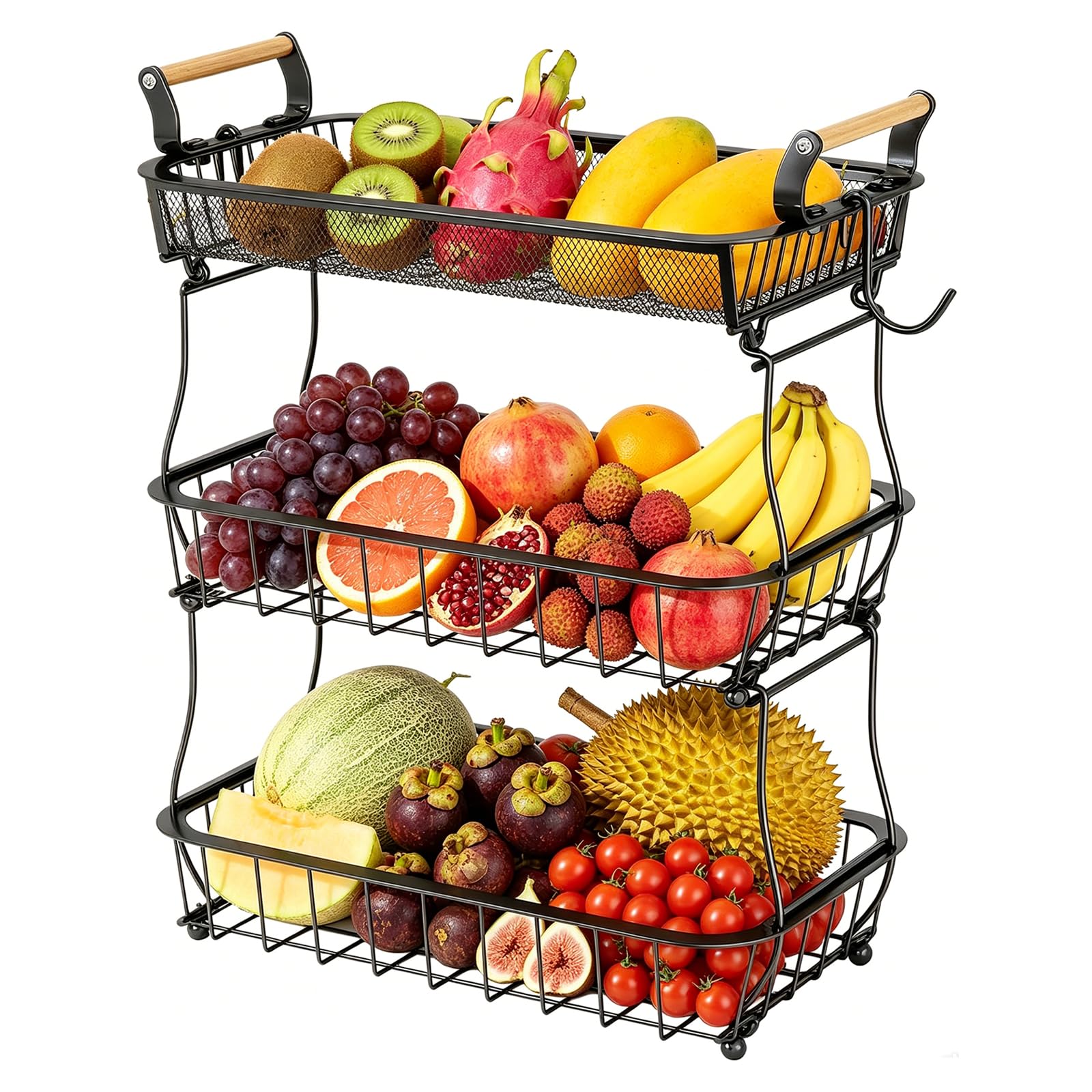 Cesta de frutas de alambre de metal negro con 3 pisos y soportes integrados