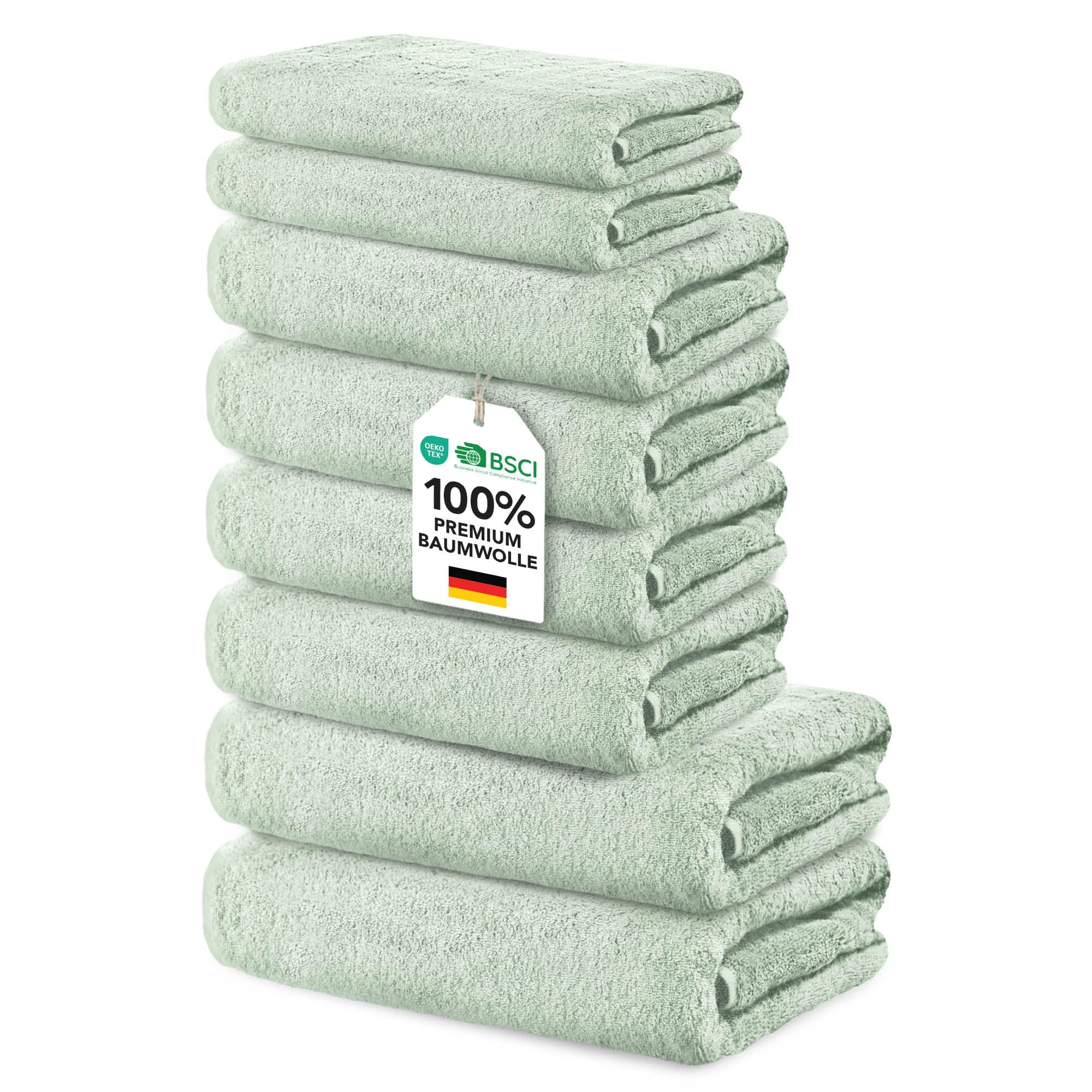 Ôhm Badezimmer Set 8-teilig, Salbei – 100% Baumwolle 500 g/m² – 2 Duschtücher 70x140 cm + 4 Handtücher 50x100 cm + 2 Gästetücher 30x50 cm – Handtuchset für Familie & Paar – Oeko-Tex Zertifiziert