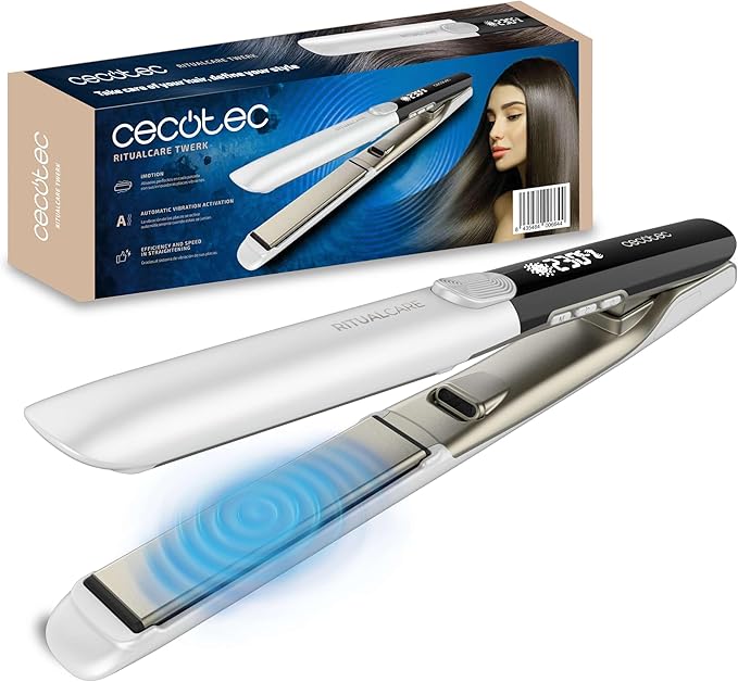 Cecotec Plancha de Pelo Profesional Con Cable Ritualcare Twerk. 65W, Tecnología de Placas Vibrantes, Temperatura Ajustable, Placas Queratina, Cable 360º, Pantalla LED, Bloqueo de Placas, Fina y Ligera
