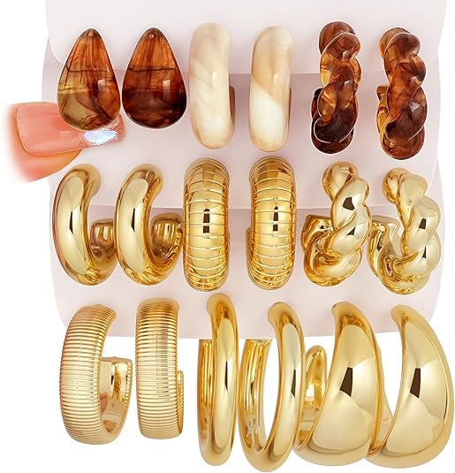 Set of 9 chunky gold earrings for women