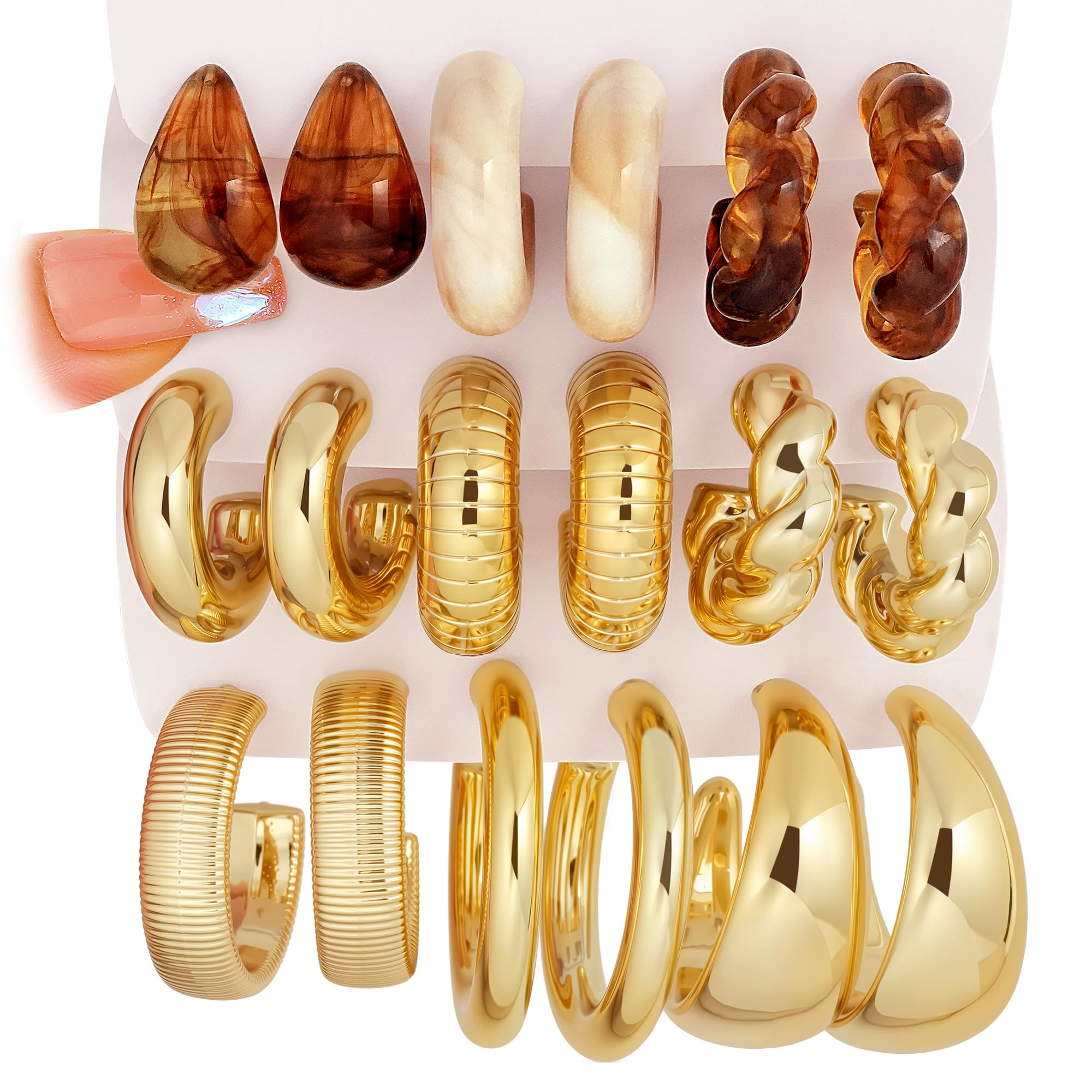 Chunky Gold Hoop Earrings for Women 9 Pairs, Fashion Resin Jewelry Gifts