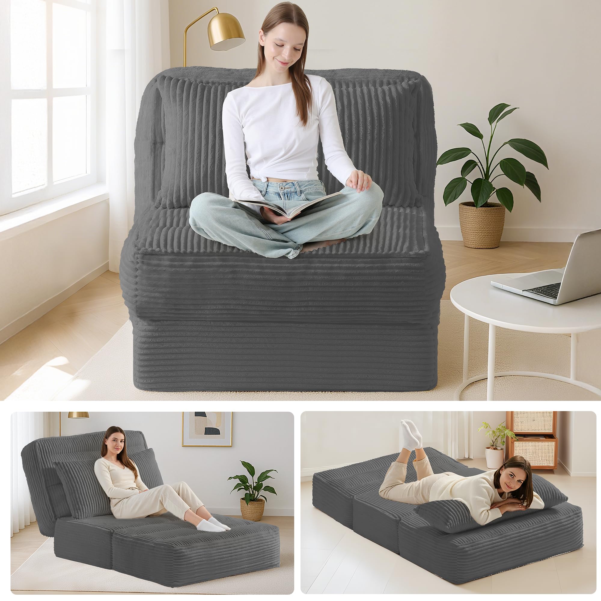 Single Convertible Sofa Bed with Fixed Frame Thickened Cushion Boneless Couch Folding Chair Bed with 5-Position Adjustable Backrest