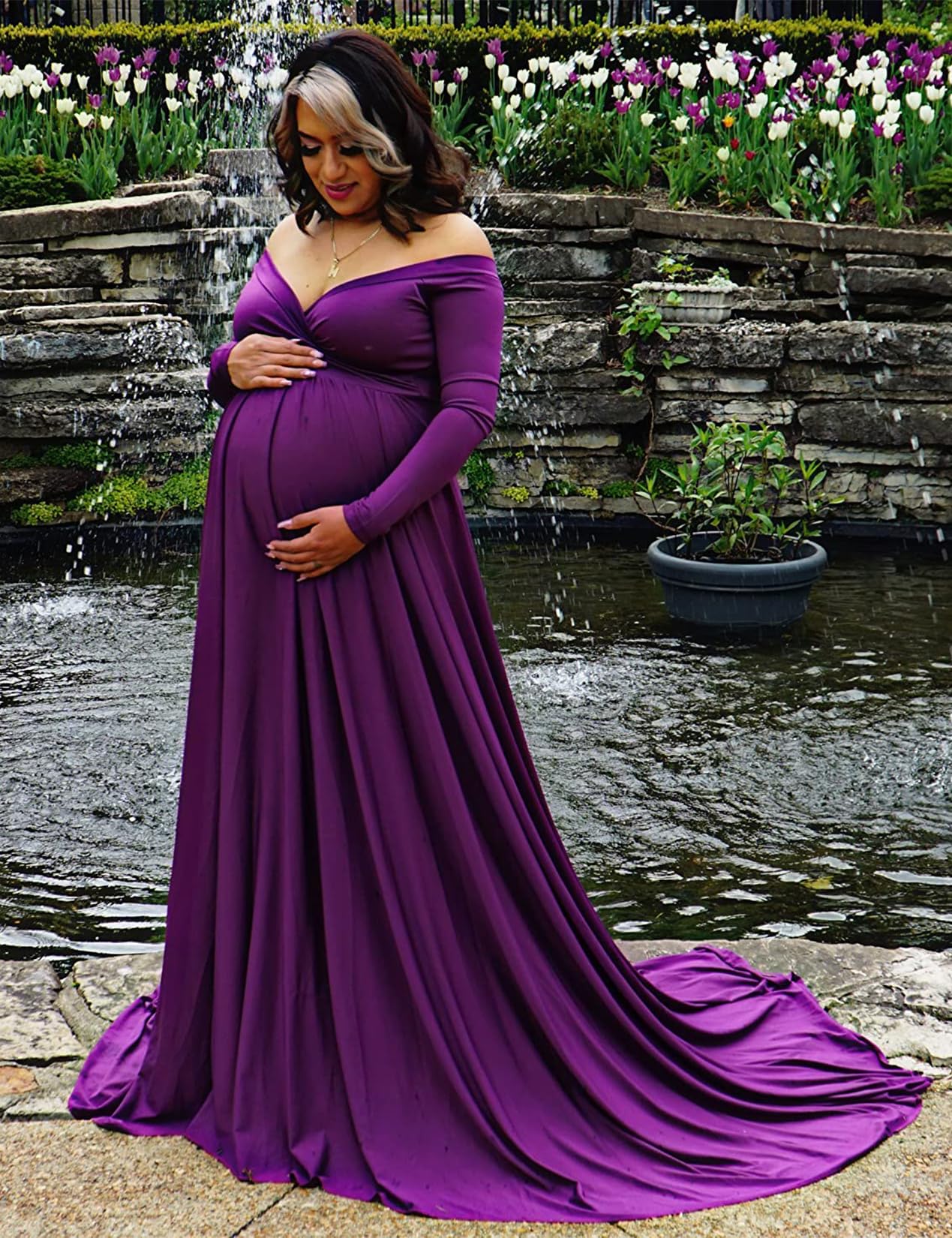 Saslax Suknia ciążowa z odkrytymi ramionami półokrągła na baby shower zdjęcie rekwizyt sukienka