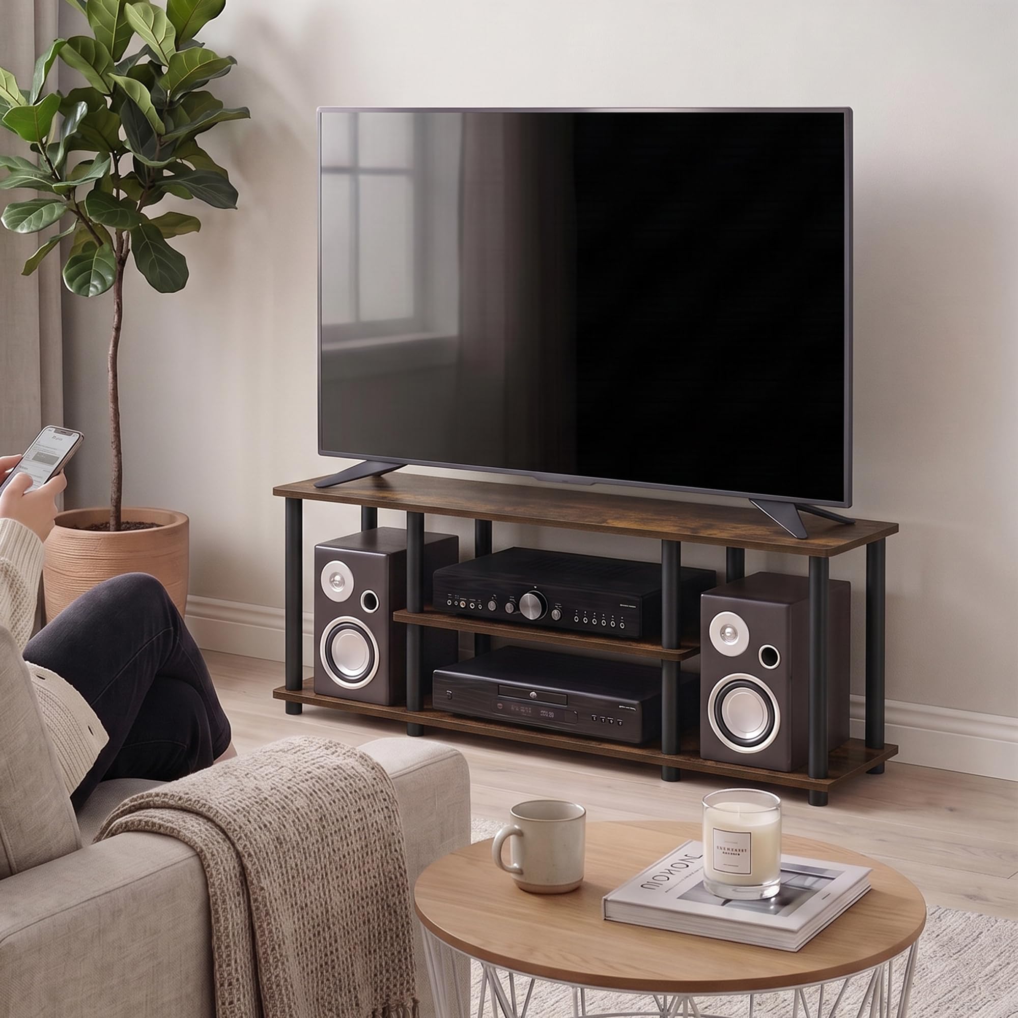 Furinno Turn-N-Tube Muebles TV sin Herramientas, Engineered Wood, Ámbar Pino/Negro, 3 Niveles