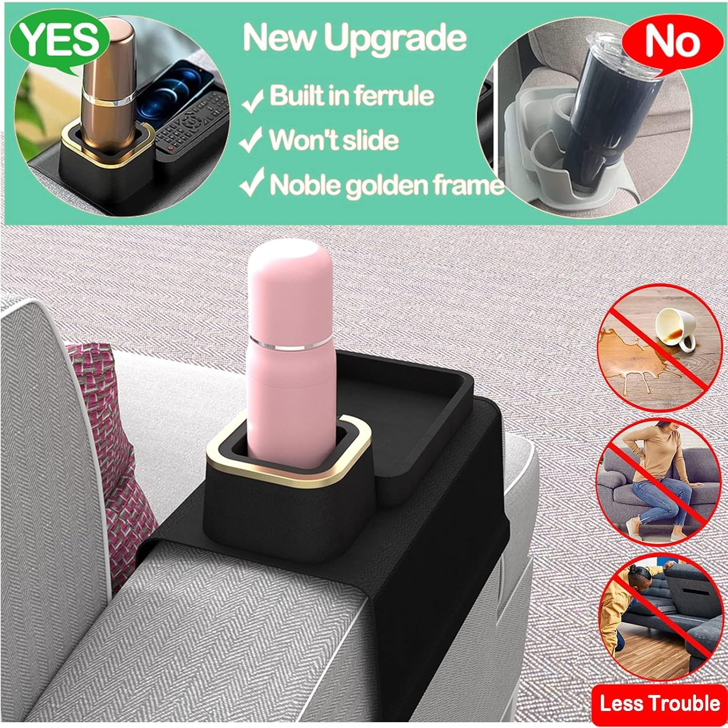Brikipth Silicone Sofa Armrest Table Couch Drink Holder and Tray Organizer for Remote Snacks Cellphone, Anti-Spill Anti-Slip Design, Gifts for Family Mom Dad Grandma 3