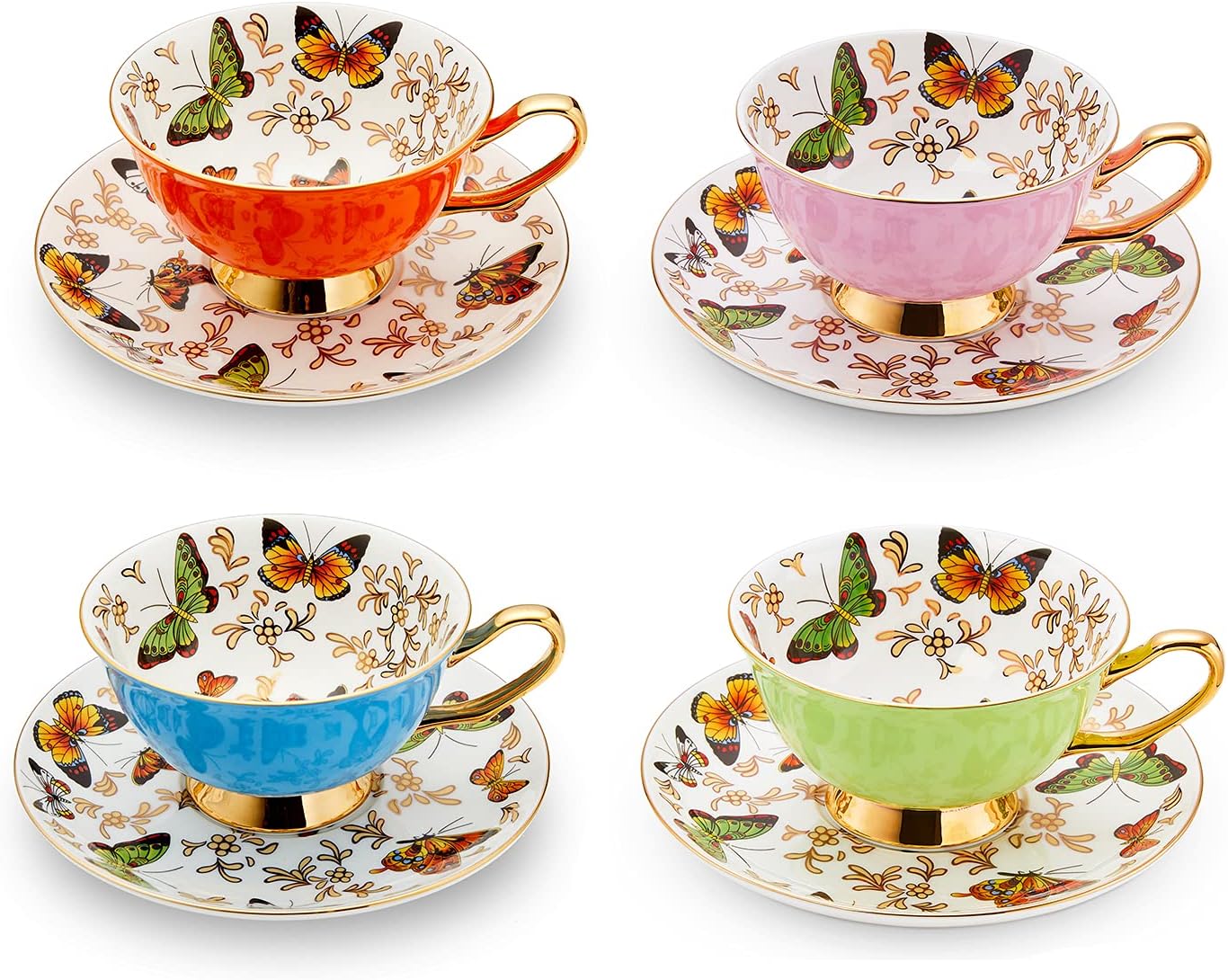 LURRIER Set of 4 Coffee Cup Mug with Saucer for Latte, Cappuccino Tea with Butterflies 6.8 Oz Fine Bone China, Dishwasher Safe, Reactive Glaze, 1 Pcs