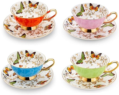 LURRIER Juego de 4 tazas de café con platillo para café con leche, té capuchino con mariposas de 6.8 onzas de porcelana fina, apta para